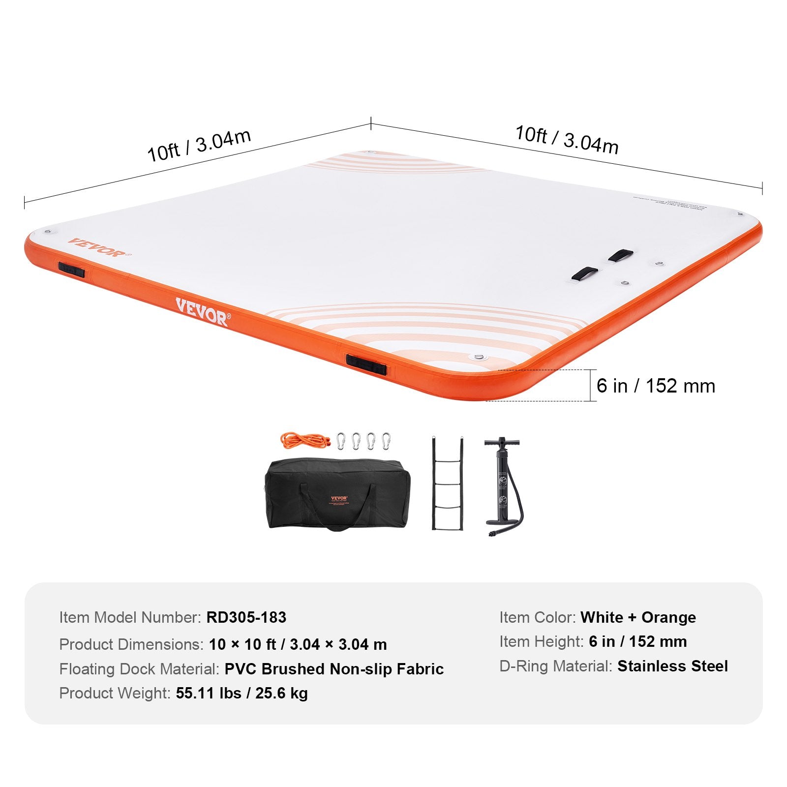 VEVOR Inflatable Floating Dock, 10 x 10FT Inflatable Dock Platform, Non-Slip Water Floating Dock Mat with Portable Carrying Bag & Detachable Ladder, Floating Platform Island Raft for Pool Beach Ocean 7