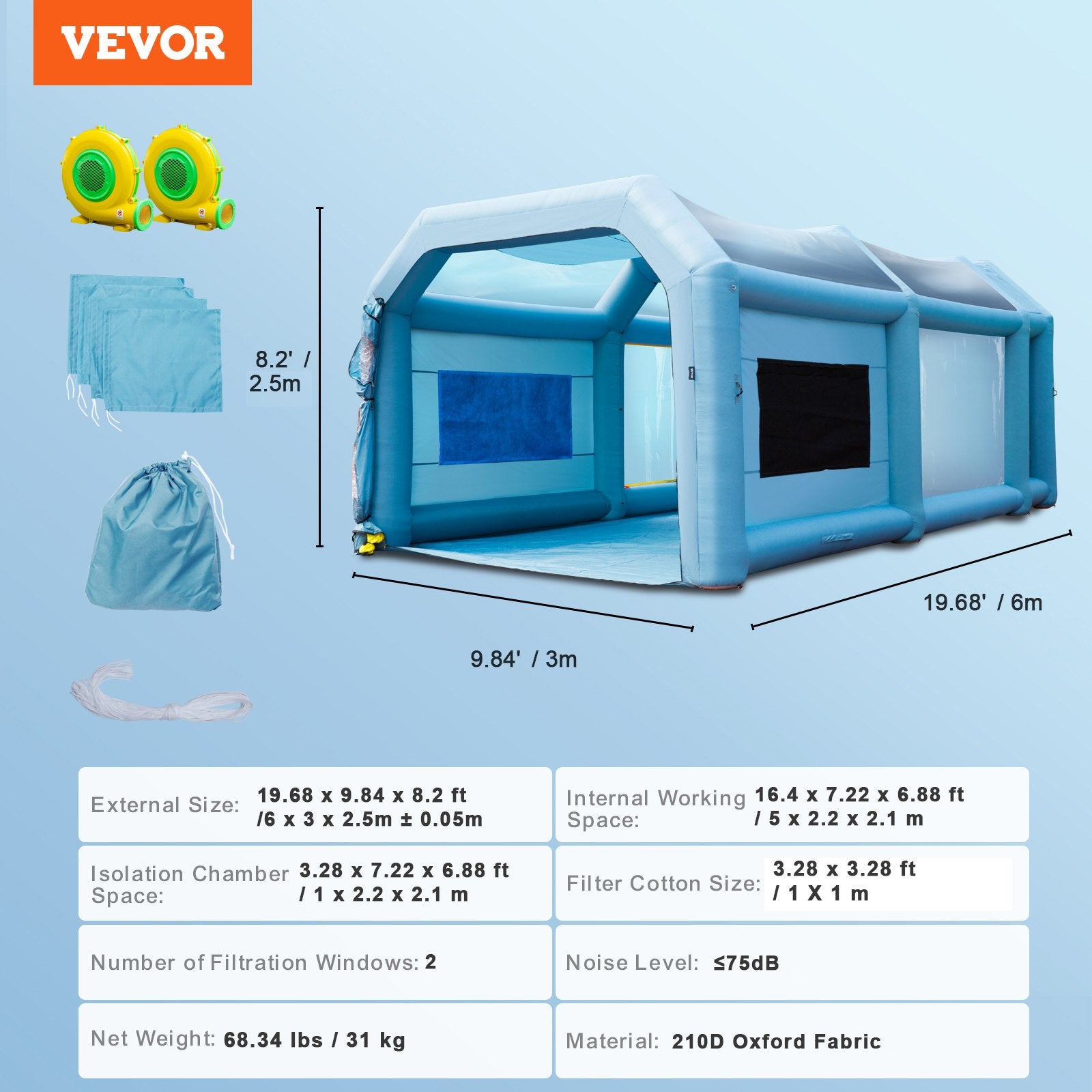VEVOR Inflatable Spray Booth Car Paint Tent 20x10x8ft Filter System 2 Blowers 7