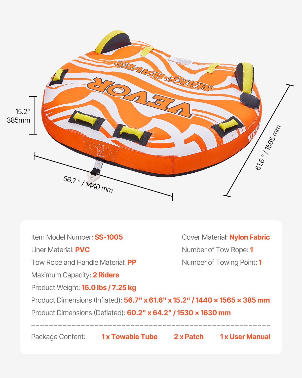 VEVOR Towable Tube for Boating 1-2 Riders Inflatable Boat Tubes and Towables 7