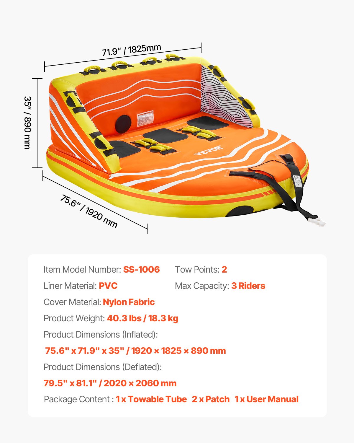 VEVOR Towable Tube for Boating, 1-3 Riders Inflatable Boat Tubes and Towables, 510lbs Water Sport Towable Tube for Boat to Pull - with Full Nylon Cover, 16 Grab Handles, Dual Tow Points & Safety Valve 7