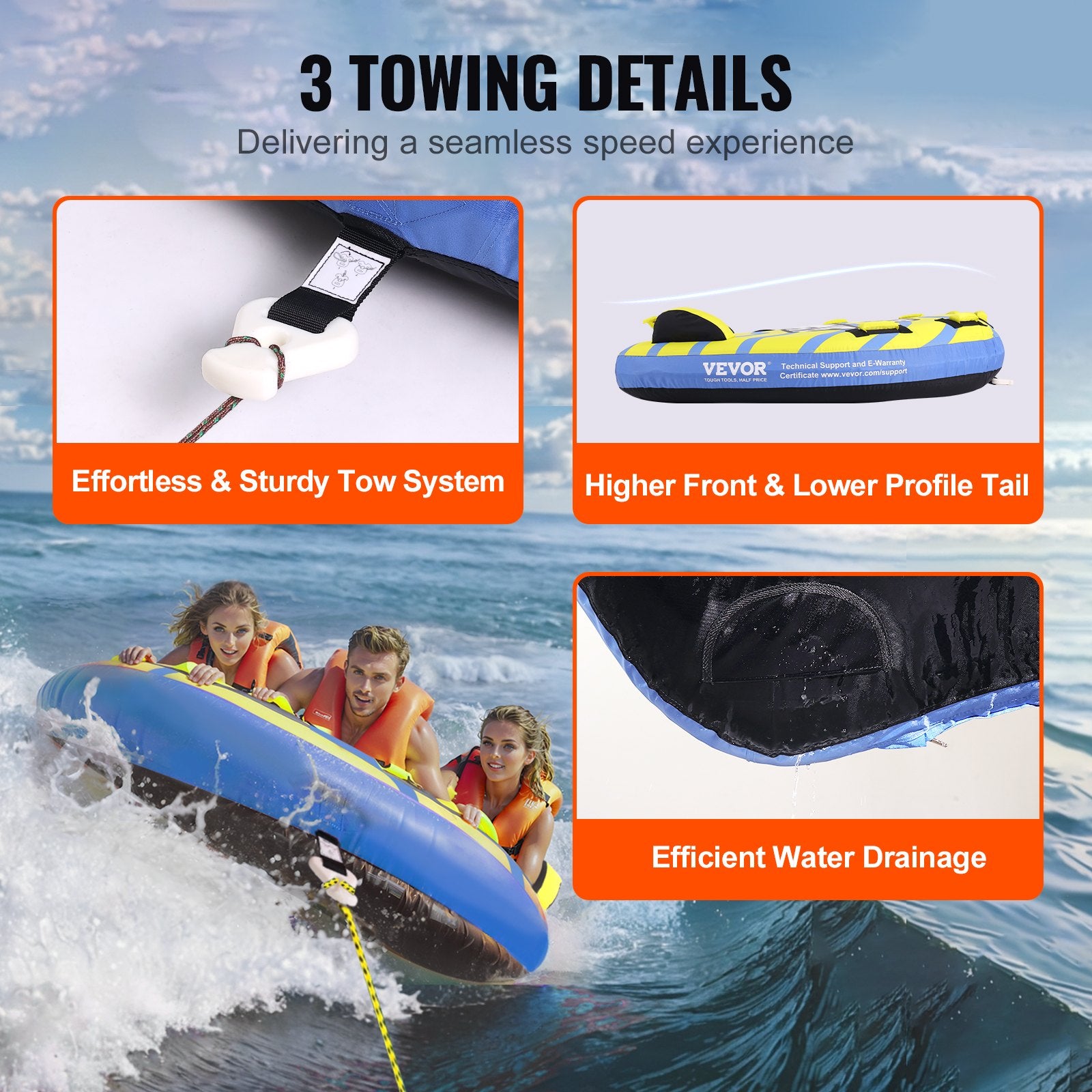 VEVOR Towable Tube for Boating, 1-3 Riders Inflatable Towable Tube with Bumper Fins, 510 lbs Water Sport Towable Tubes for Boats to Pull, Full Nylon Cover, EVA Grab Handles and Speed Safety Valve 6