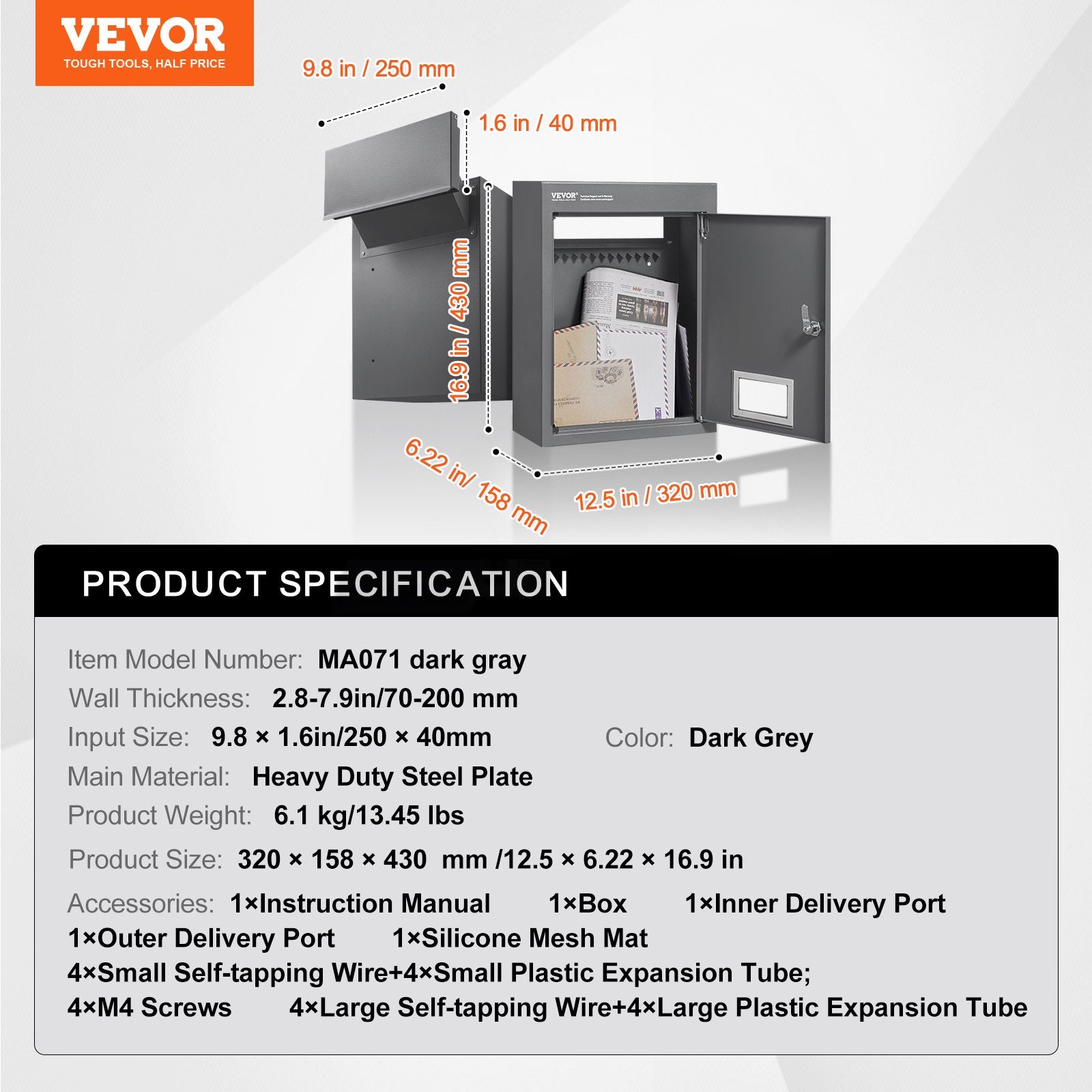 VEVOR Through The Wall Drop Box, Heavy Duty Steel Through the Wall Mailbox with 2.8-7.9" 13" Combination Lock, 12.5x6.3x16.9" Mail Drop Box, Dark Gray 7
