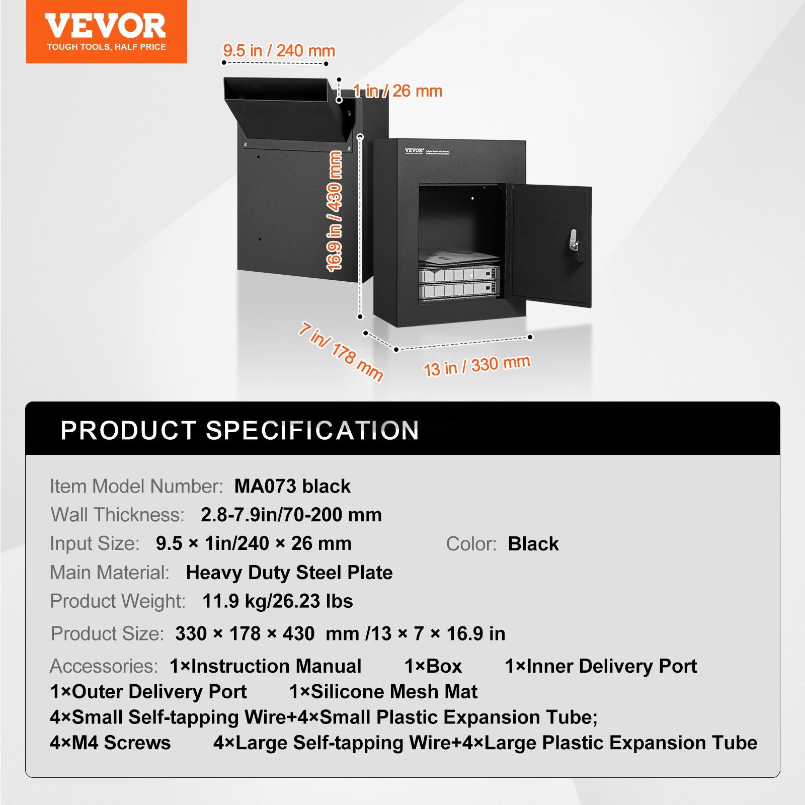 VEVOR Through The Wall Drop Box, Heavy Duty Steel Through the Wall Mailbox with 2.8-7.9" 13" Combination Lock, 13x7x17" Mail Drop Box, Black 7