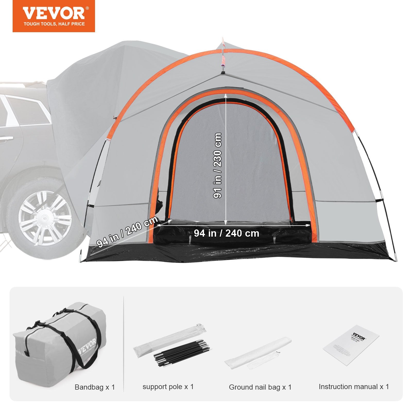 VEVOR SUV Camping Tent, 8'-8' SUV Tent Attachment for Camping with Rain Layer and Carry Bag, PU2000mm Double Layer Truck Tent, Accommodate 6-8 Person, Rear Tent for Van Hatch Tailgate 7