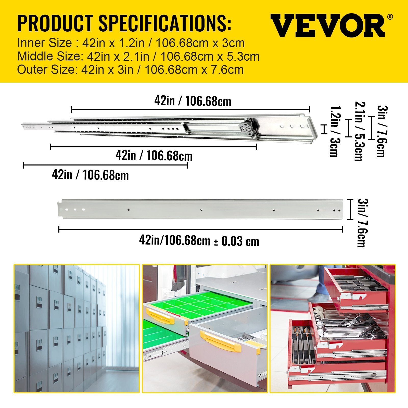 VEVOR Drawer Slides, 1 Pair 42 Inch Heavy Duty Drawer Slides, Ball Bearing Side Mount Drawer Hardware Slides, 500 LBS Load Capacity 3-Section Full Extension Drawer Slides for Smooth Slide, Less Noise 7