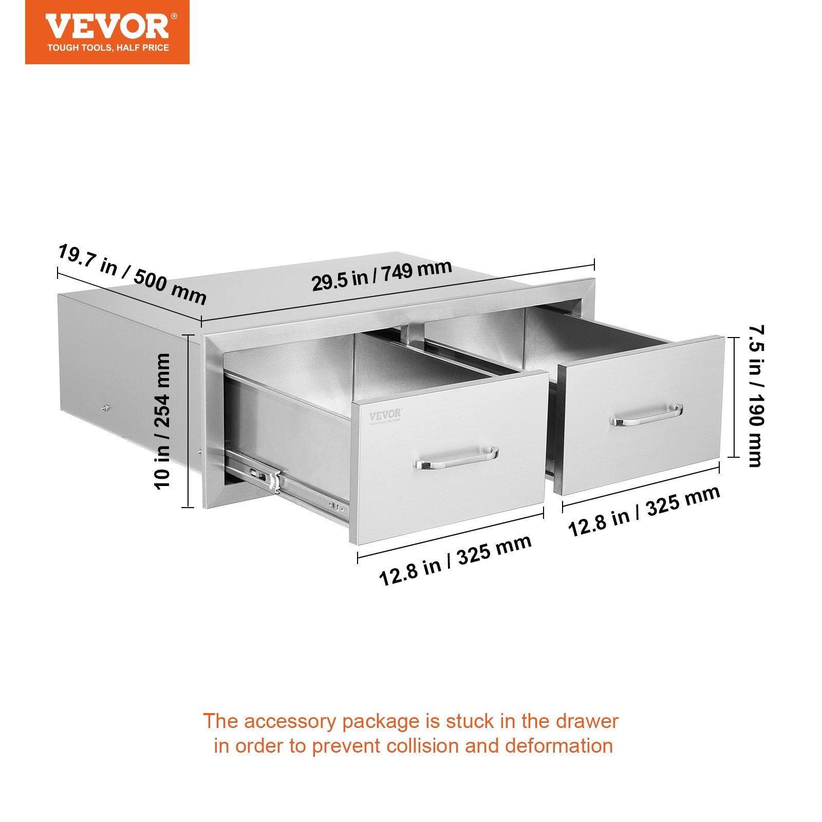 VEVOR Outdoor Kitchen Drawers 30" W x 10" H x 20" D, Horizontal Double BBQ Access Drawers Stainless Steel with Handle, BBQ Island Drawers for Outdoor Kitchens or Patio Grill Station 7