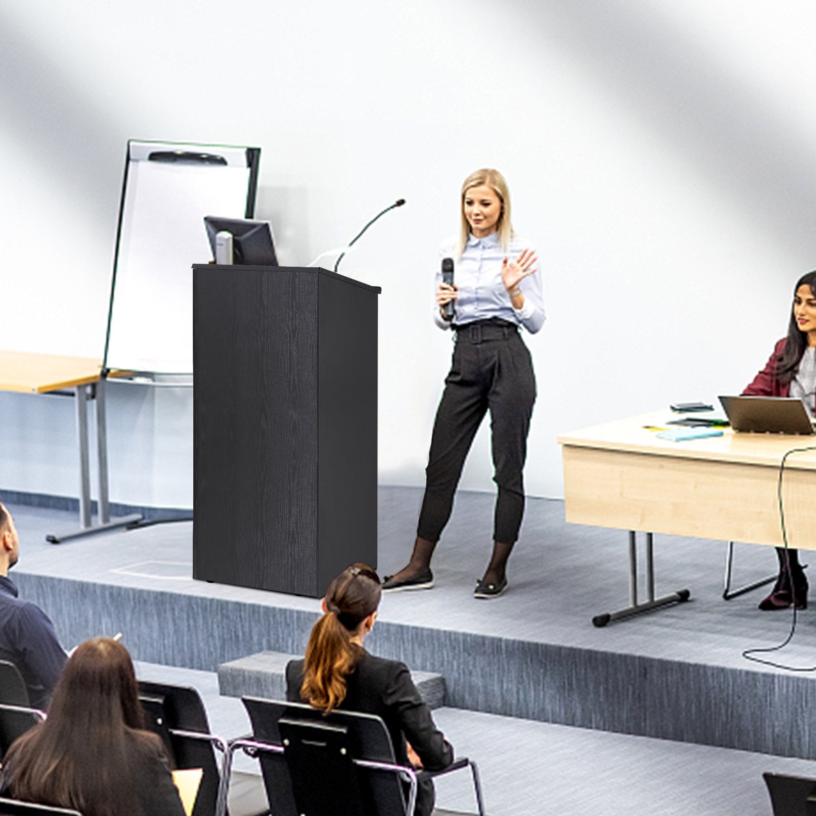 VEVOR Podium Stand, 47 in Hostess Stand with 4 Rolling Wheels, Wood Podium with Storage Shelves, and Slant Desktop, Lecterns & Podiums for Church, Office, School, Home, Black 8
