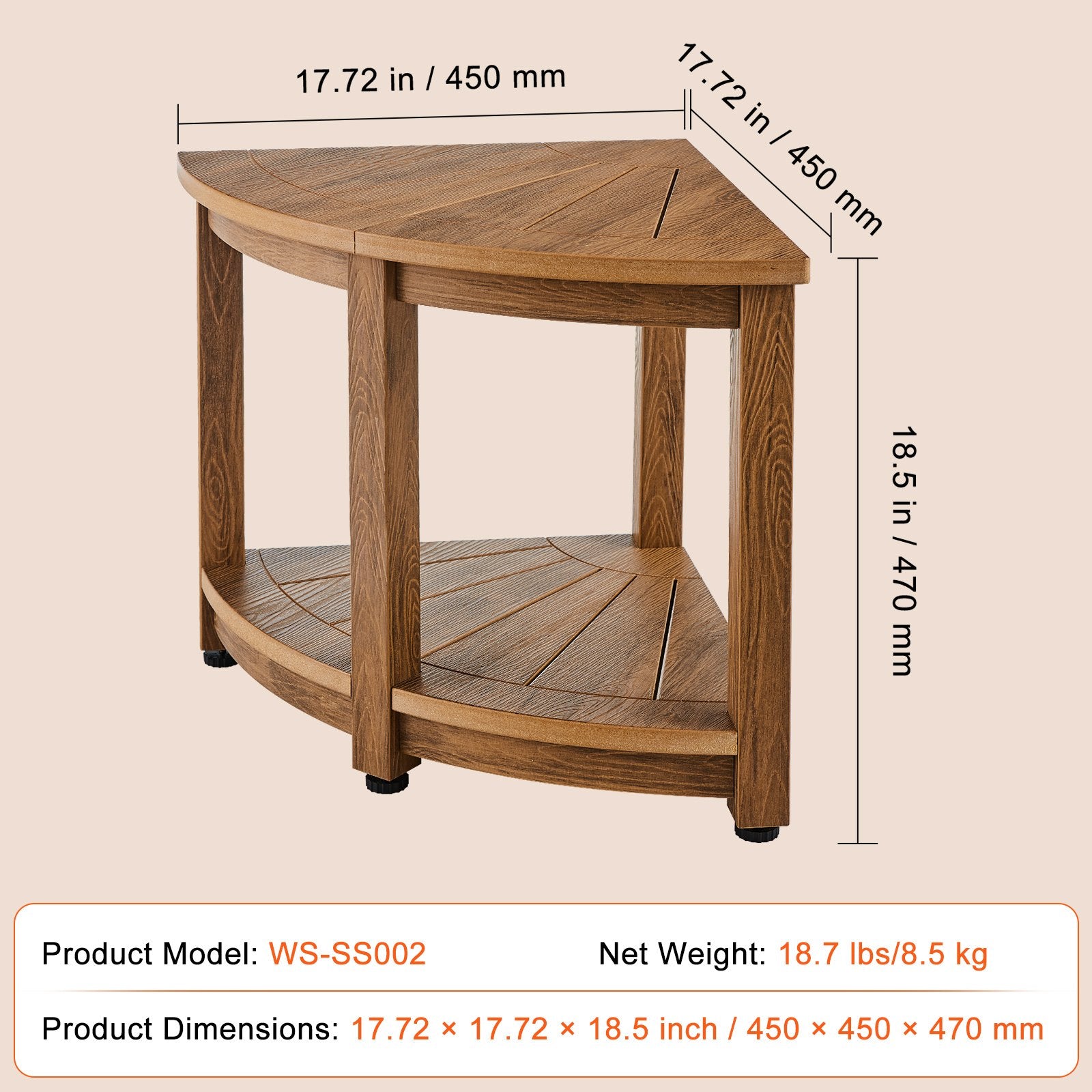 VEVOR Corner Shower Bench, 18.5" Height 17.75" Radius, Faux Wood Grain Polystyrene,159KGS with Storage Shelf, Water Resistant, Shower Stool for Inside & Outside Shower, for Bathroom, Living Room 7