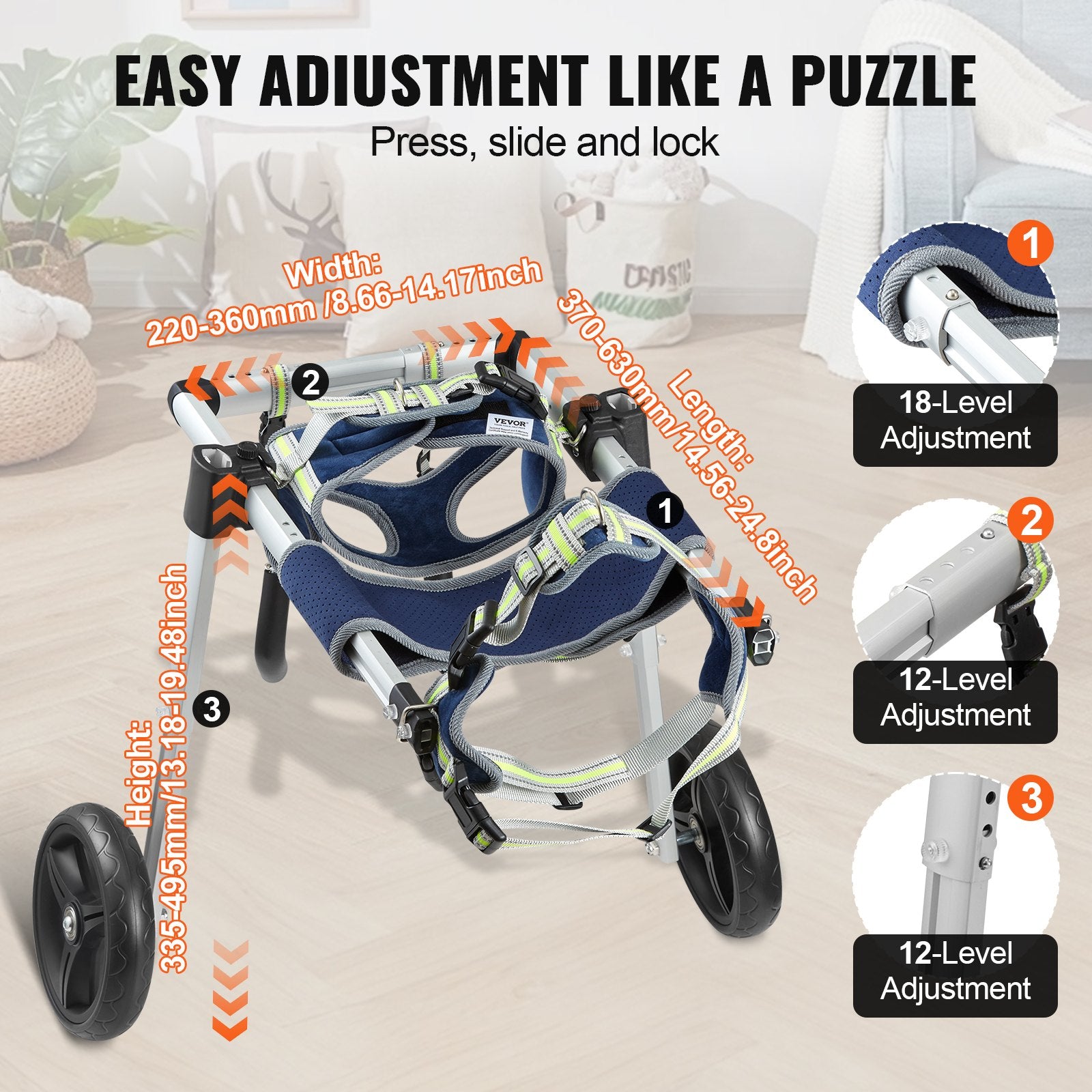 VEVOR 2 Wheels Dog Wheelchair for Back Legs, Pet Wheelchair Lightweight & Adjustable Assisting in Healing,  Dog Cart/Wheelchair for Injured, Disabled, Paralysis, Hind Limb Weak Pet(M) 4