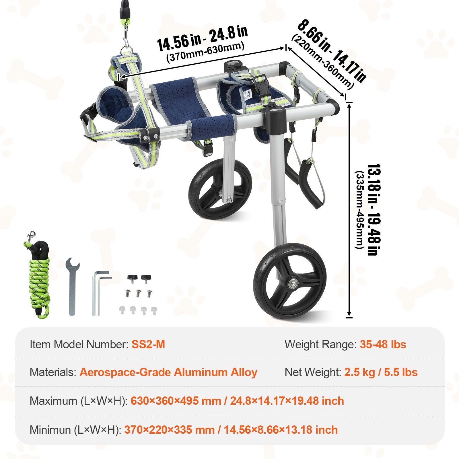 VEVOR 2 Wheels Dog Wheelchair for Back Legs, Pet Wheelchair Lightweight & Adjustable Assisting in Healing,  Dog Cart/Wheelchair for Injured, Disabled, Paralysis, Hind Limb Weak Pet(M) 7
