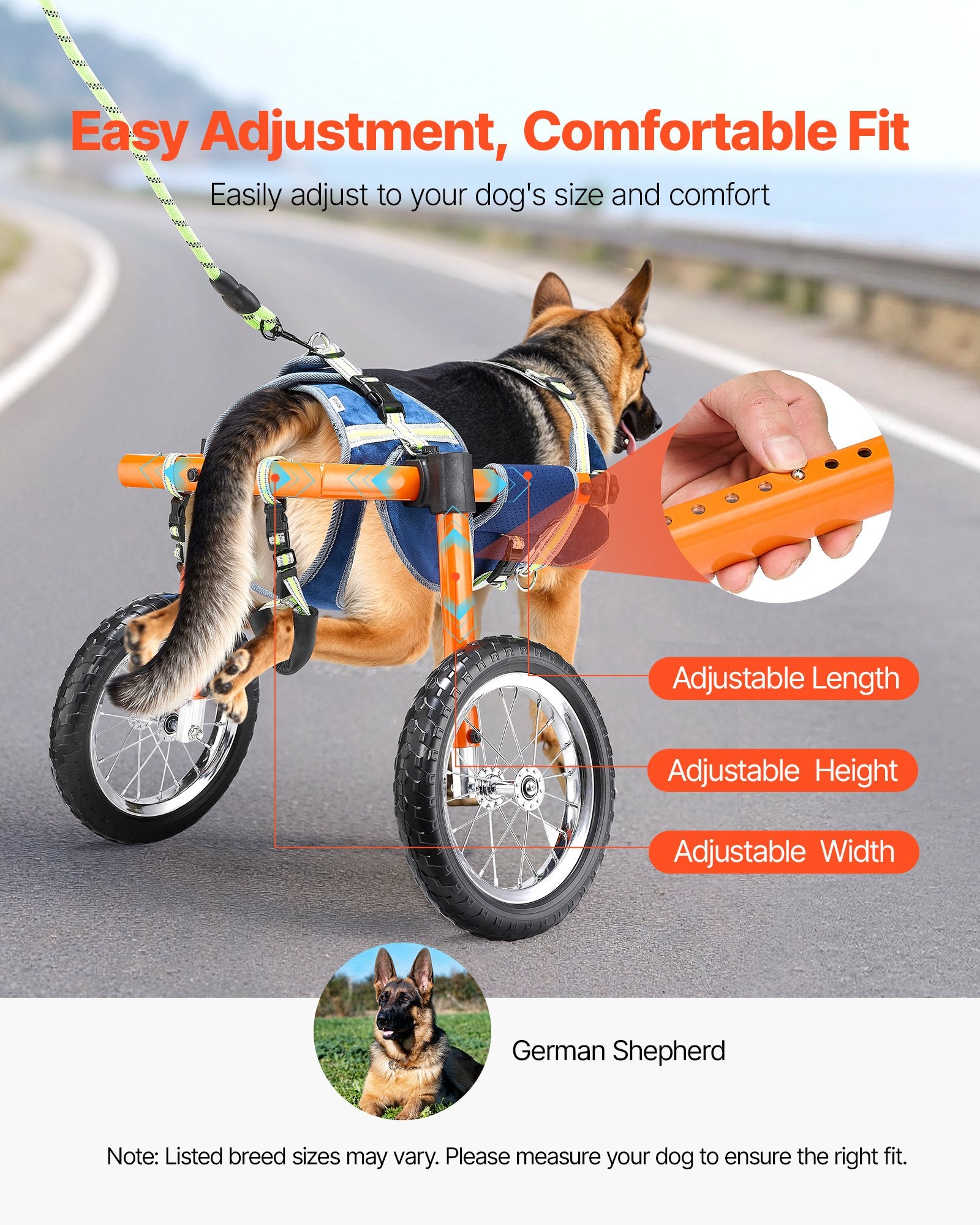 VEVOR Dog Wheelchair for Back Legs, Lightweight 2 Wheels Pet Wheelchair, Height, Width & Length Adjustable, Dog Cart with Shock-Absorbing Wheels, for Injured, Disabled Dogs 21.7-39.9 kg, Large 5