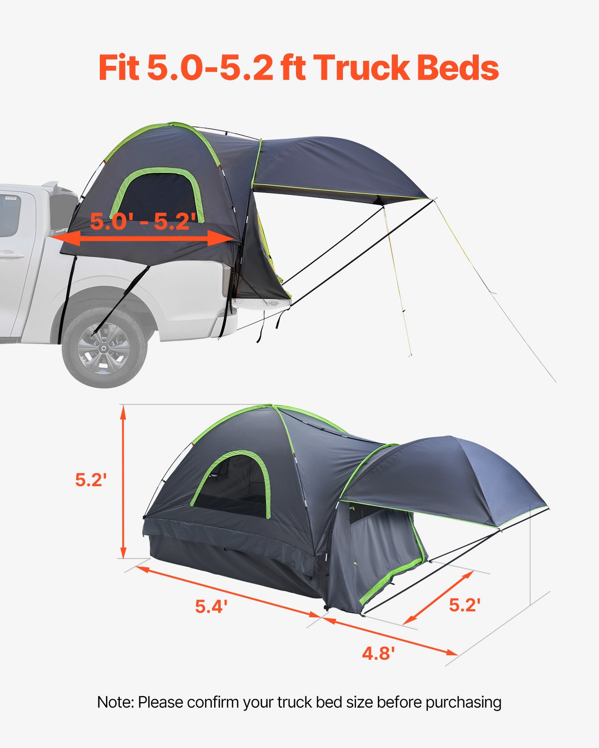 VEVOR Truck Tent 5.0-5.2ft Waterproof PU2000 Truck Bed Camping Tent 2-3 Person 3