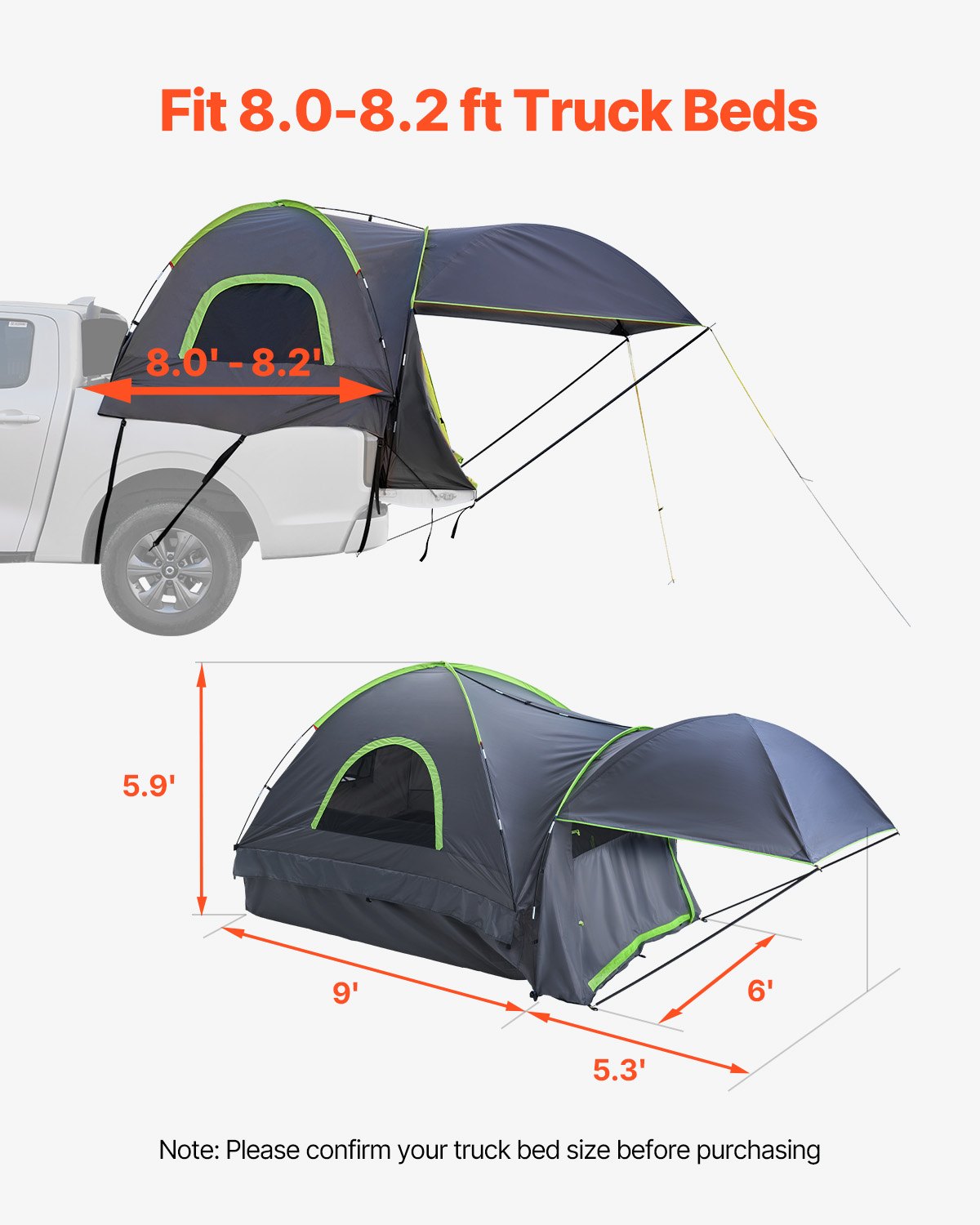 VEVOR Truck Tent 8.0-8.2ft Waterproof PU2000 Truck Bed Camping Tent 2-3 Person 3