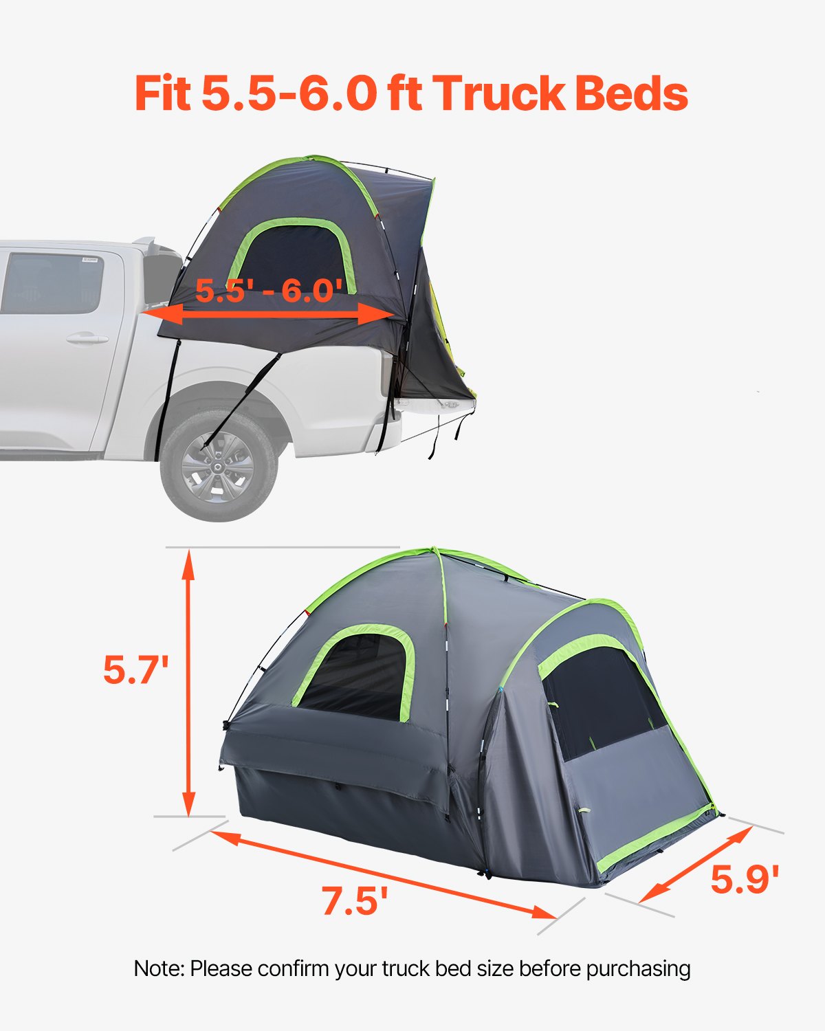 VEVOR Truck Tent 5.5-6.0ft Waterproof PU2000 Truck Bed Camping Tent 2-3 Person 3