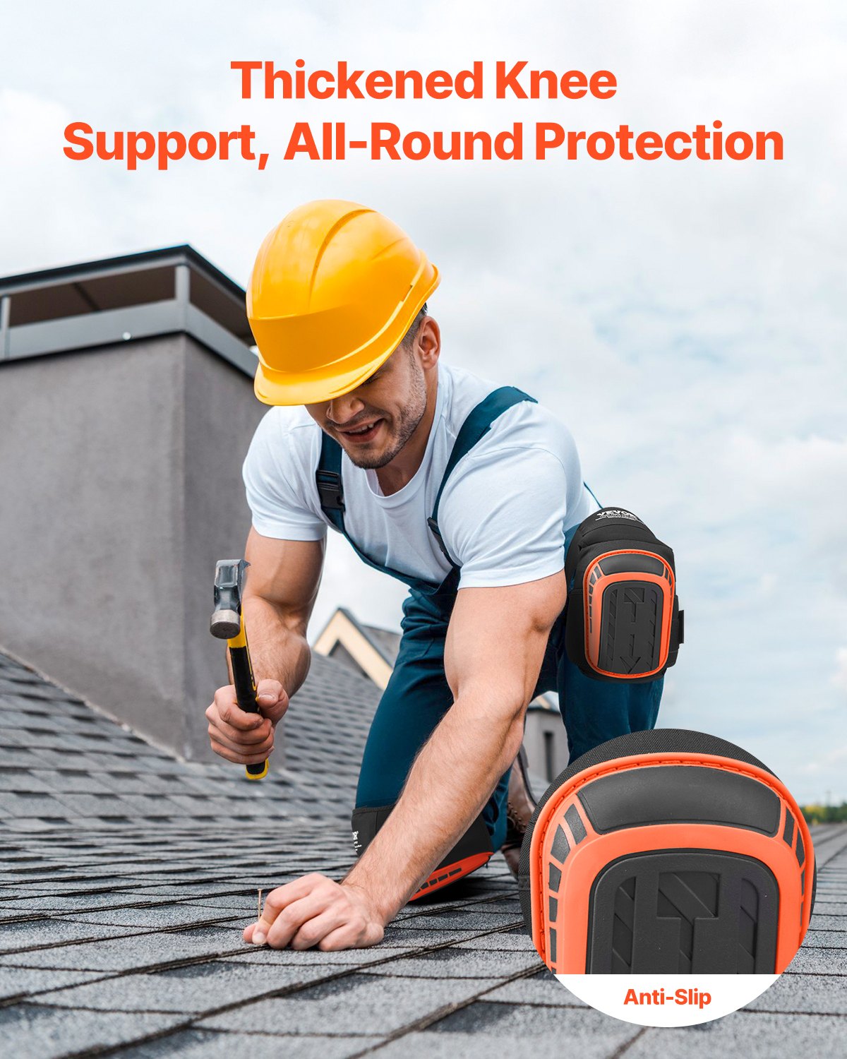 VEVOR Knee Pads for Work, Extended Heavy Duty Construction Knee Pads with 2 Extension Straps, Anti-slip Foam Gel Knee Pads, Men & Women, for Gardening Flooring Roofing and Cleaning, Black and Orange 3