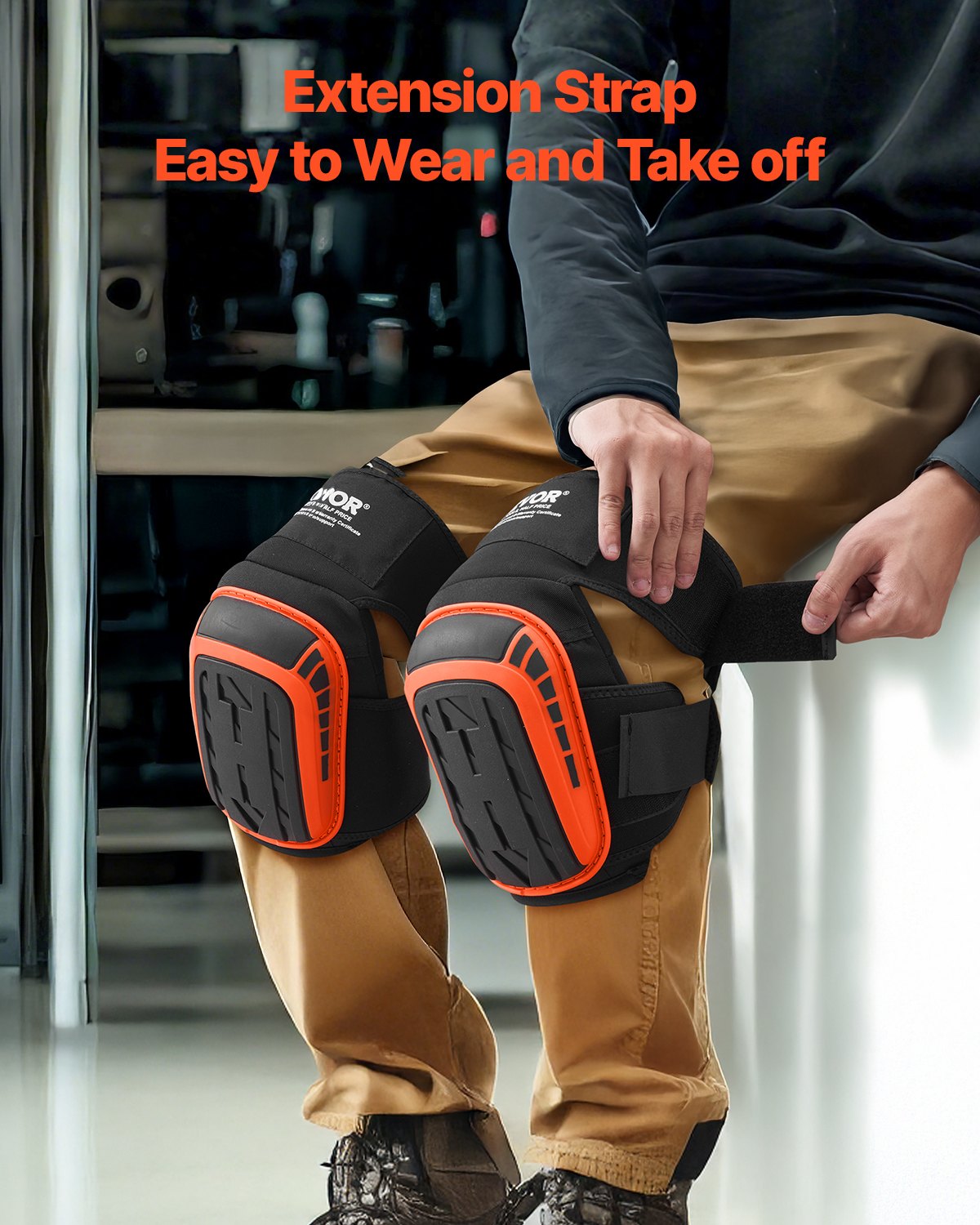 VEVOR Knee Pads for Work, Extended Heavy Duty Construction Knee Pads with 2 Extension Straps, Anti-slip Foam Gel Knee Pads, Men & Women, for Gardening Flooring Roofing and Cleaning, Black and Orange 6