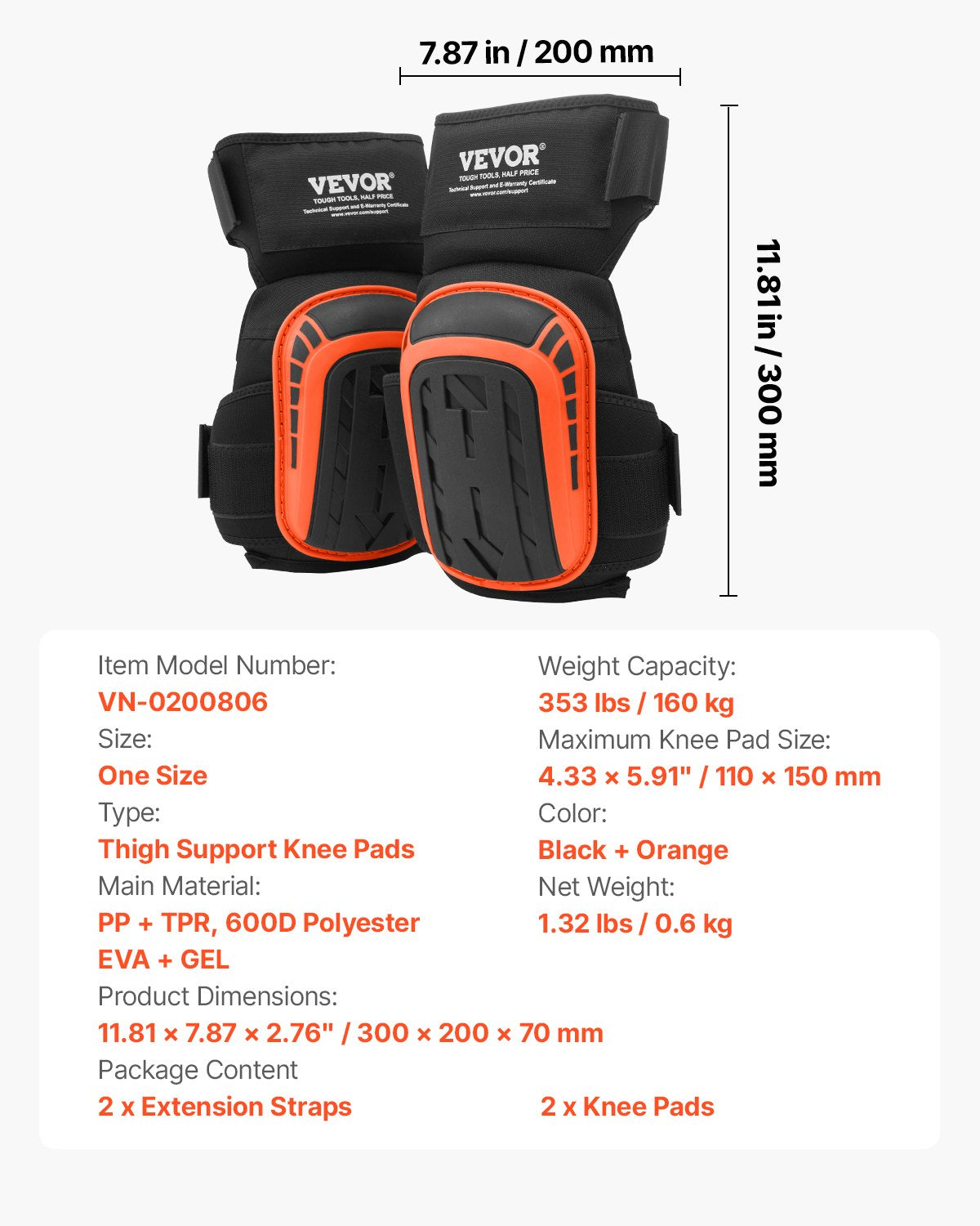 VEVOR Knee Pads for Work, Extended Heavy Duty Construction Knee Pads with 2 Extension Straps, Anti-slip Foam Gel Knee Pads, Men & Women, for Gardening Flooring Roofing and Cleaning, Black and Orange 7