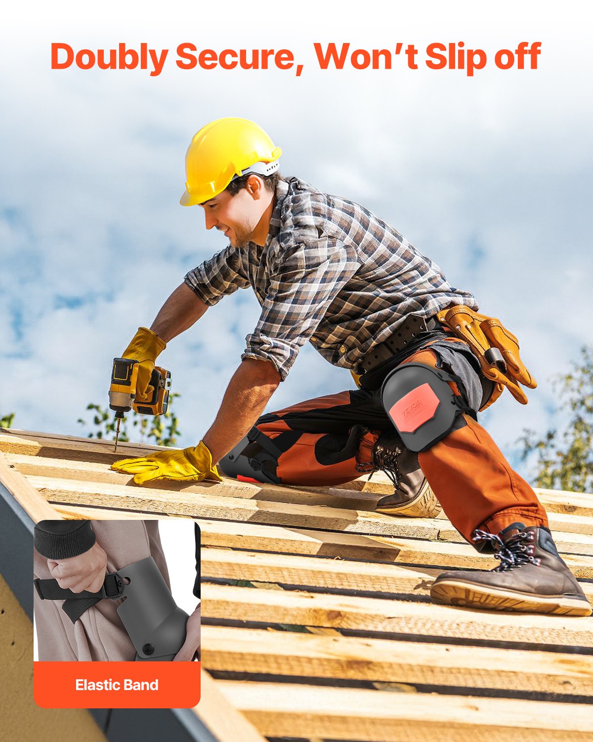 VEVOR Knee Pads for Work, Extra Thick Construction Knee Pads with Foam Cushion - Pro Protection & Comfort, Work Knee Pads|Gardening Knee Pads|Flooring Knee Pads| for Men & Women, Black and Orange 4