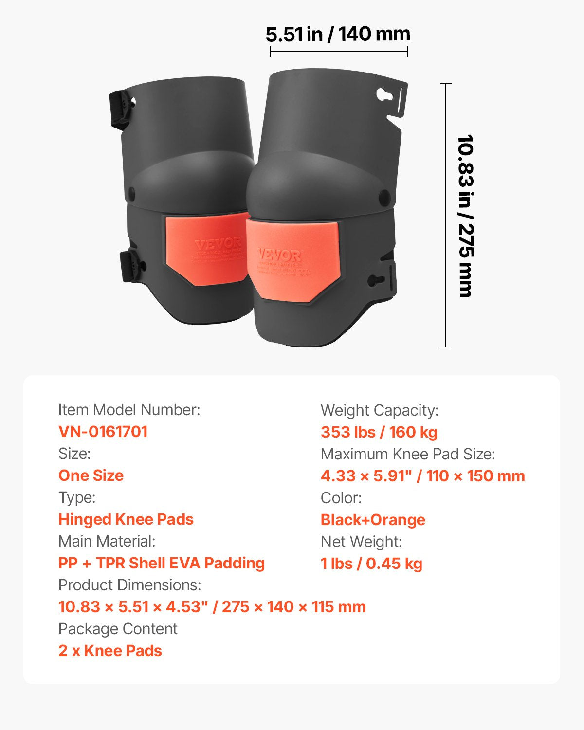 VEVOR Knee Pads for Work, Extra Thick Construction Knee Pads with Foam Cushion - Pro Protection & Comfort, Work Knee Pads|Gardening Knee Pads|Flooring Knee Pads| for Men & Women, Black and Orange 7