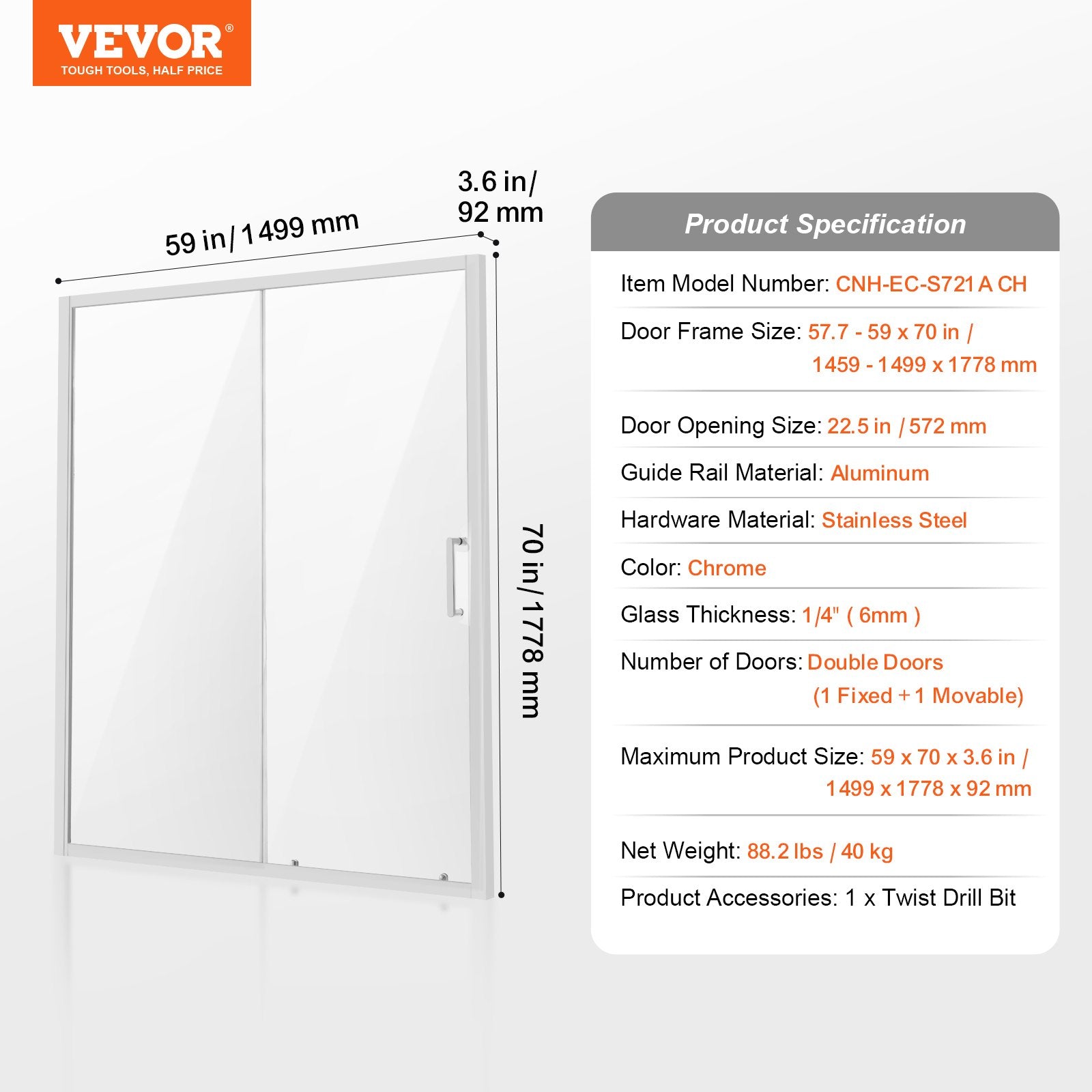 VEVOR Semi-frameless Shower Door 57.7-59" x 70" SGCC Tempered Glass 1/4" Chrome 7