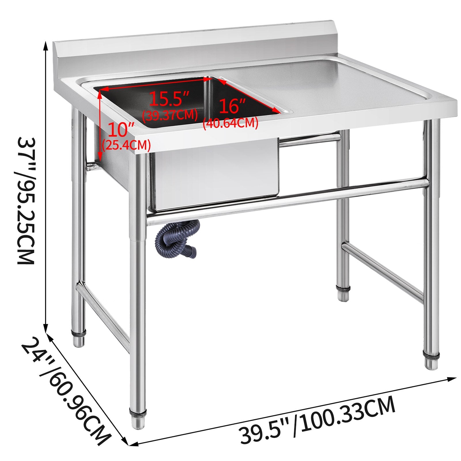 VEVOR Handmade Sink Non-magnetic Stainless Steel Kitchen Sink Hand Made 1 Compartment 40.6 x 39.4 x 25.4 cm Capacity Huge Tub Sink with Right Hand Platform for Farmhouse Cafe Shop Hospital 8