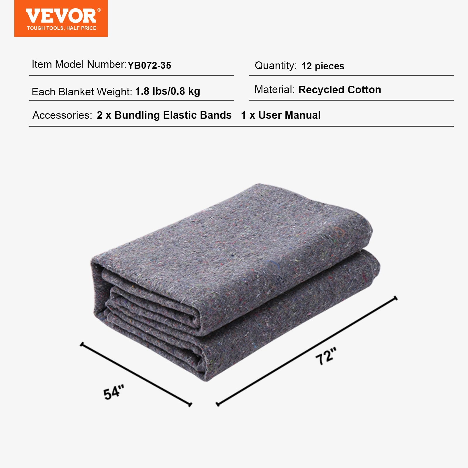 VEVOR Moving Blankets, 1829 x 1372 mm, 12 kg/dz Weight, 12 Pack, Professional Recycled Cotton Packing Blanket, Large Heavy Duty Shipping Mover Pads Perfect for Protecting Furniture, Floors, Appliances 7
