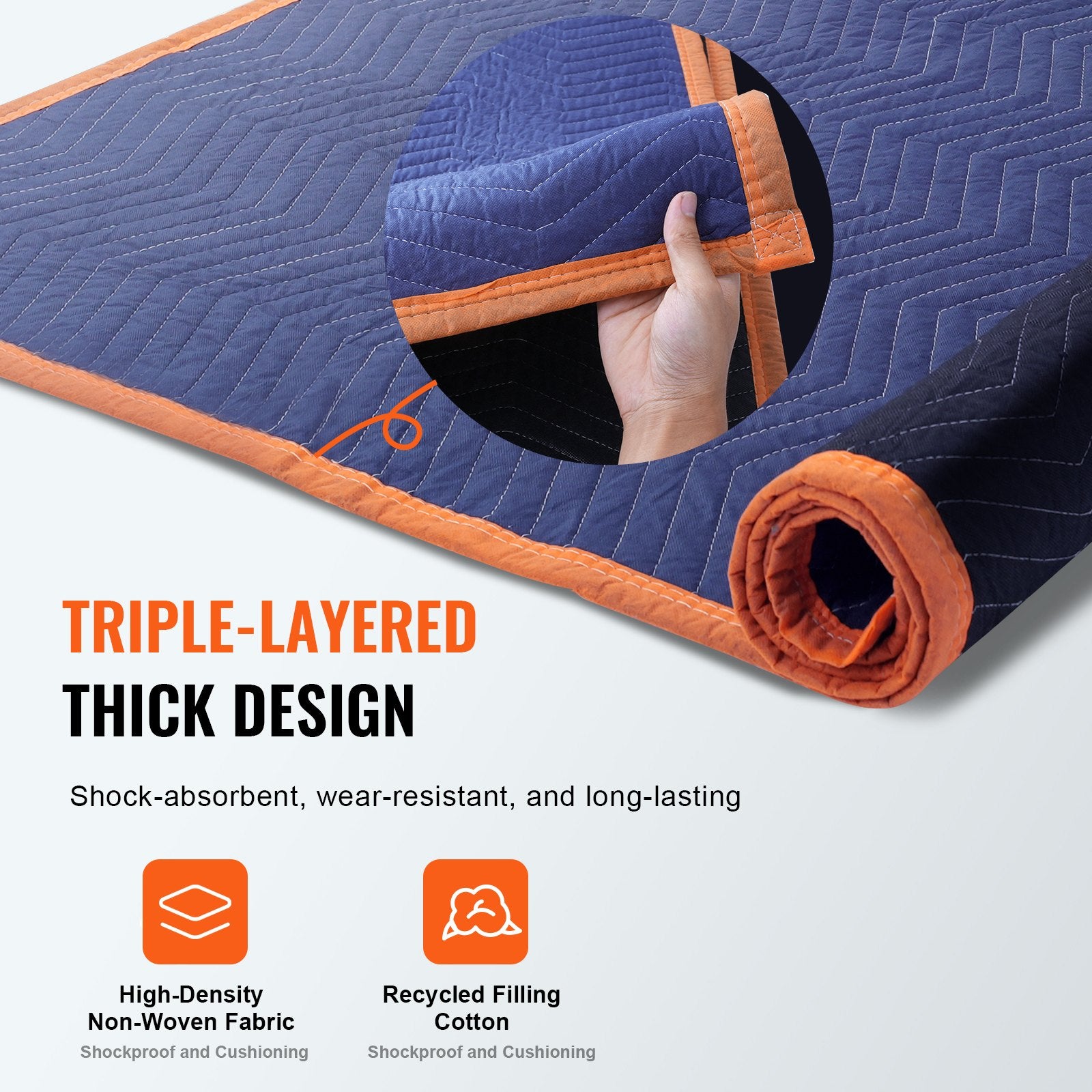 VEVOR Moving Blankets, 2032 x 1829 mm, 29.5 kg/dz, 12 Packs, Professional Non-Woven & Recycled Cotton Packing Blanket, Heavy Duty Mover Pads for Protecting Furniture, Floors, Appliances, Blue/Orange 3