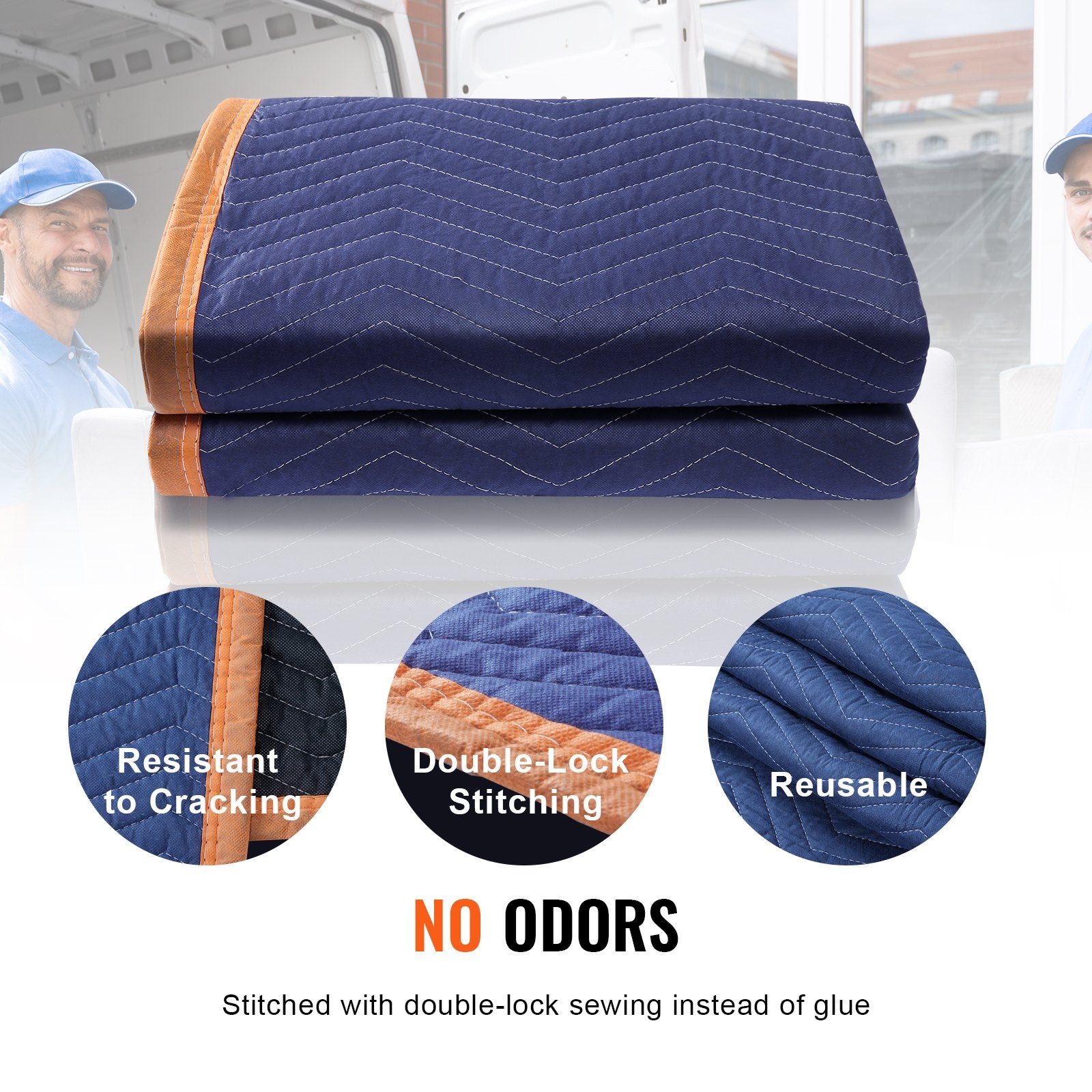 VEVOR Moving Blankets, 2032 x 1829 mm, 29.5 kg/dz, 12 Packs, Professional Non-Woven & Recycled Cotton Packing Blanket, Heavy Duty Mover Pads for Protecting Furniture, Floors, Appliances, Blue/Orange 4