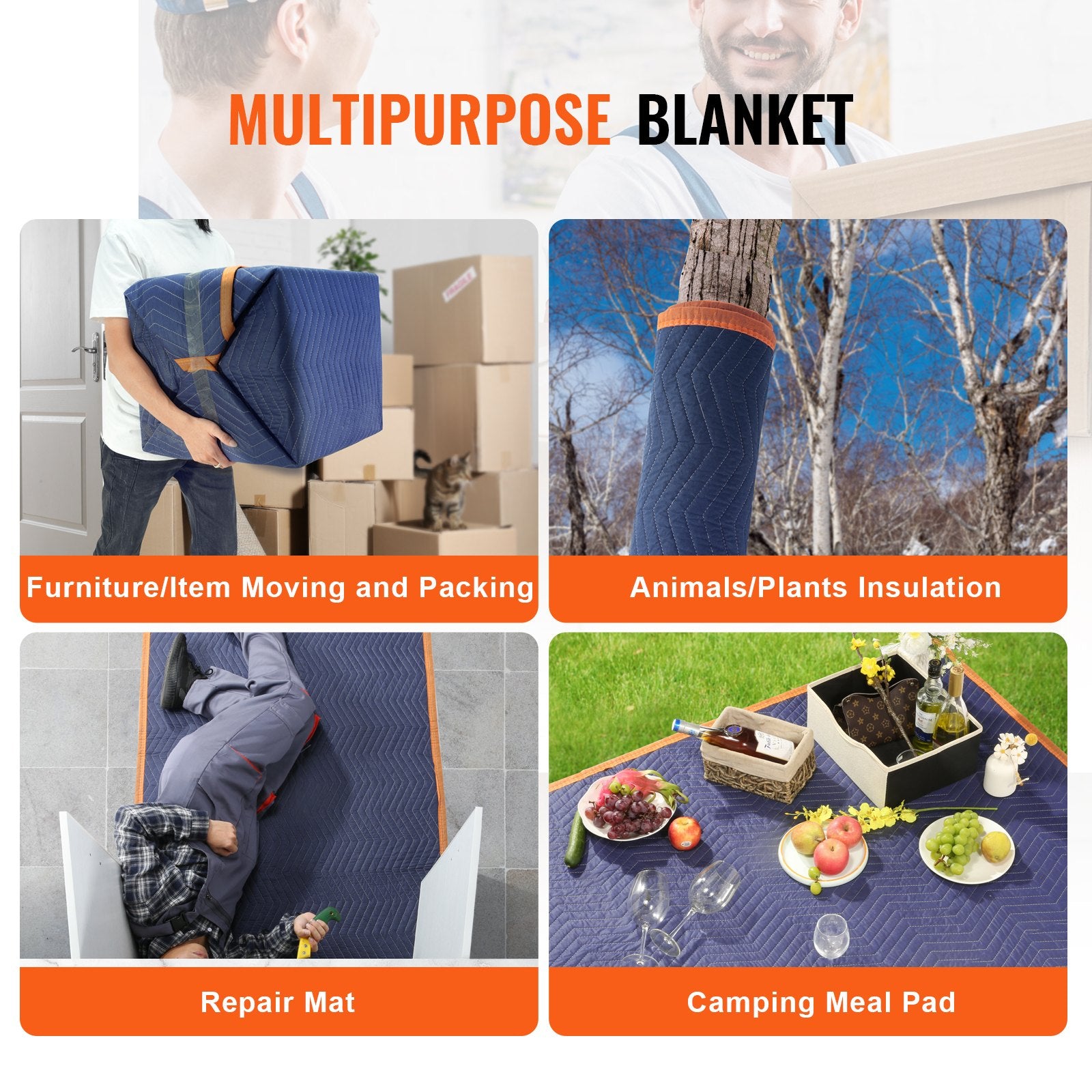 VEVOR Moving Blankets, 2032 x 1829 mm, 29.5 kg/dz, 12 Packs, Professional Non-Woven & Recycled Cotton Packing Blanket, Heavy Duty Mover Pads for Protecting Furniture, Floors, Appliances, Blue/Orange 6