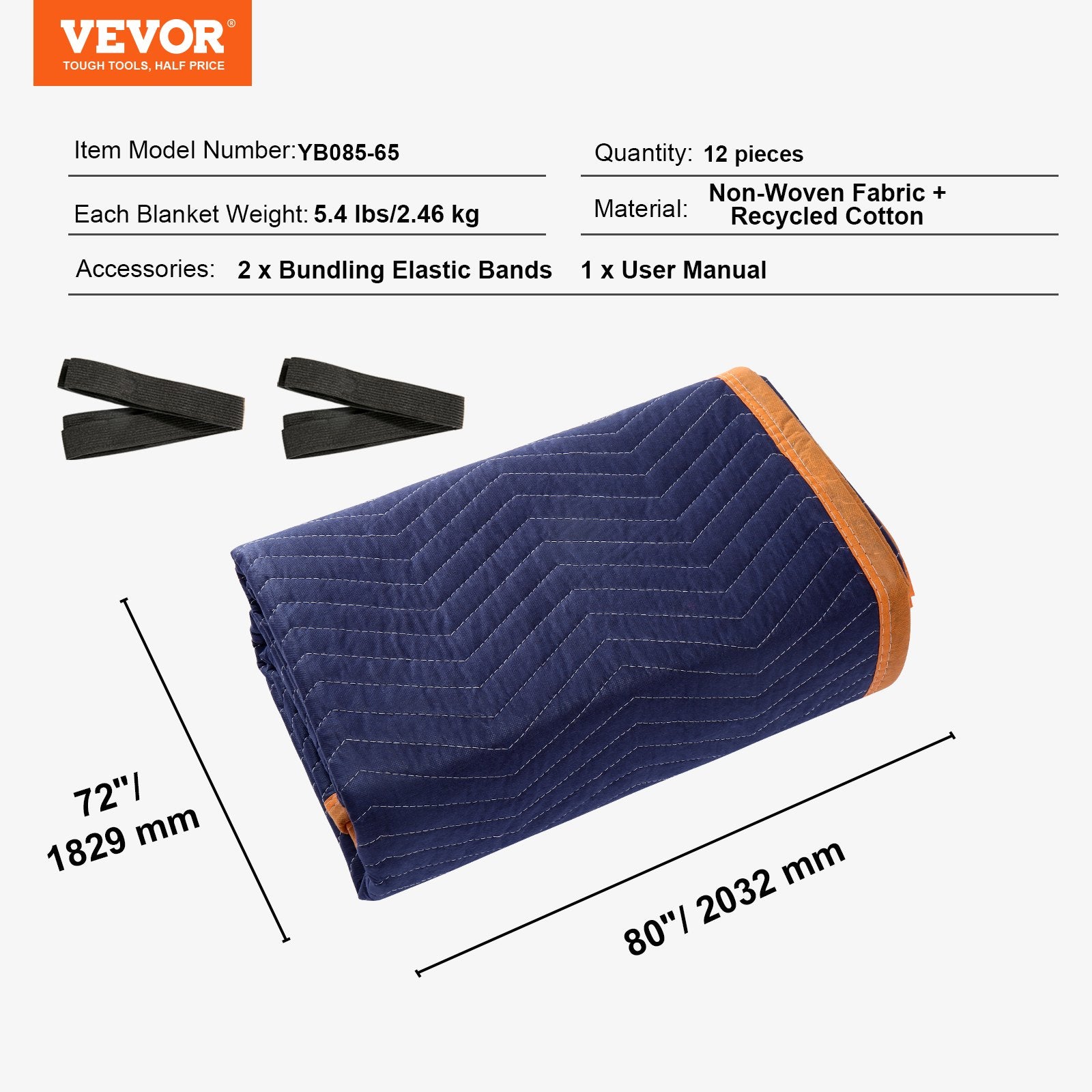 VEVOR Moving Blankets, 2032 x 1829 mm, 29.5 kg/dz, 12 Packs, Professional Non-Woven & Recycled Cotton Packing Blanket, Heavy Duty Mover Pads for Protecting Furniture, Floors, Appliances, Blue/Orange 7