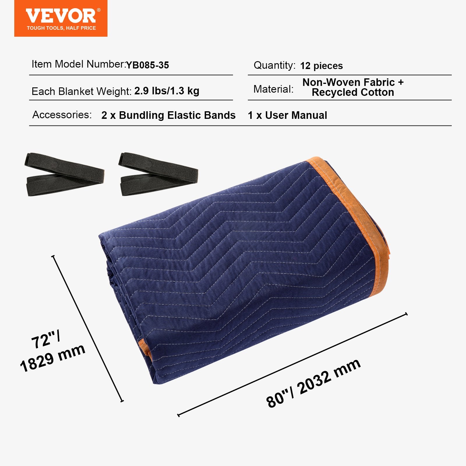 VEVOR Moving Blankets, 2032 x 1829 mm, 15.6 kg/dz, 12 Packs, Professional Non-Woven & Recycled Cotton Packing Blanket, Heavy Duty Mover Pads for Protecting Furniture, Floors, Appliances, Blue/Orange 7
