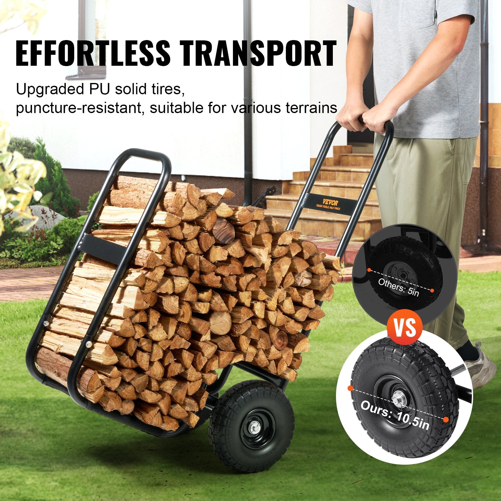 VEVOR Firewood Log Cart Wood Mover Hauler 250 lbs Capacity on PU Wheels Dolly 5