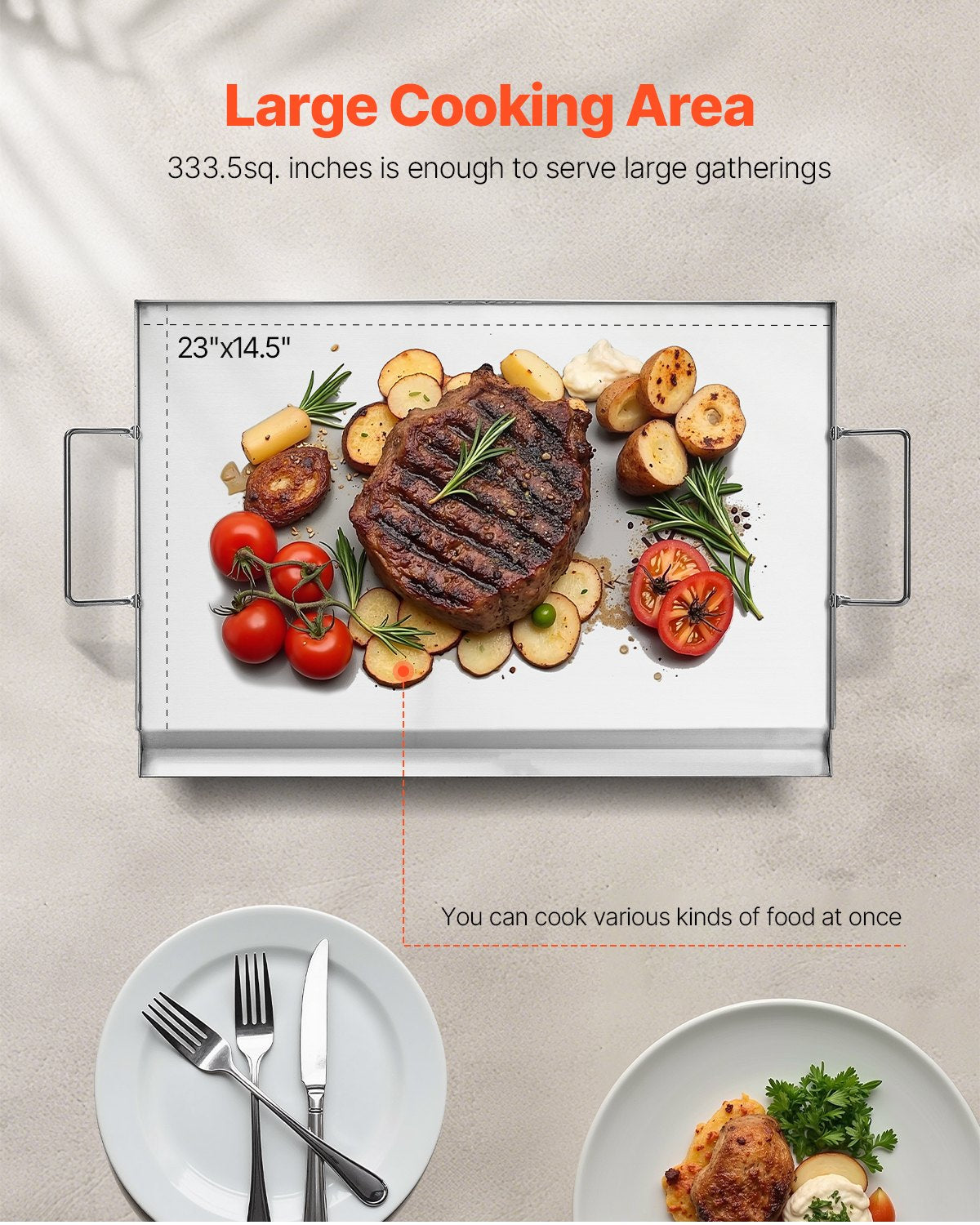 VEVOR Stainless Steel Griddle, 23x16 inch Universal Flat Top Rectangular Plate, Gas Grill Griddle for BBQ Grill, Teppanyaki, Portable Family Cookware with Handle, for Camping Tailgating Party 4