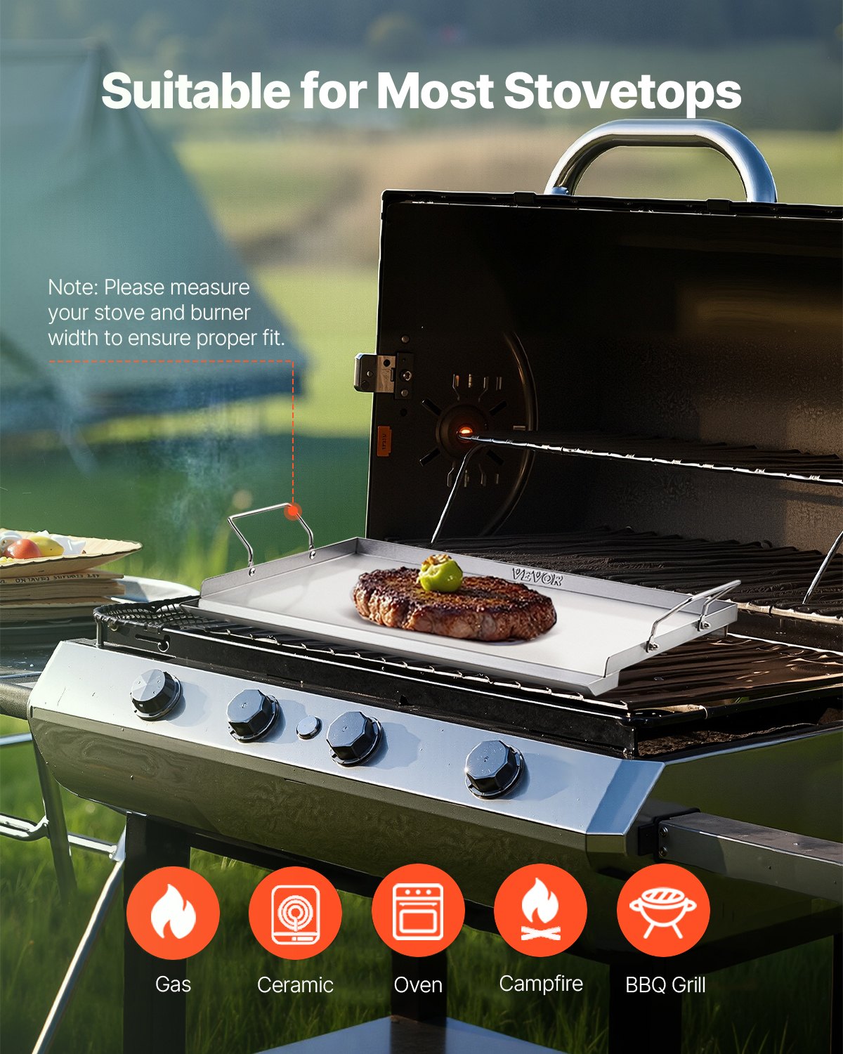 VEVOR Stainless Steel Griddle, 23x16 inch Universal Flat Top Rectangular Plate, Gas Grill Griddle for BBQ Grill, Teppanyaki, Portable Family Cookware with Handle, for Camping Tailgating Party 6