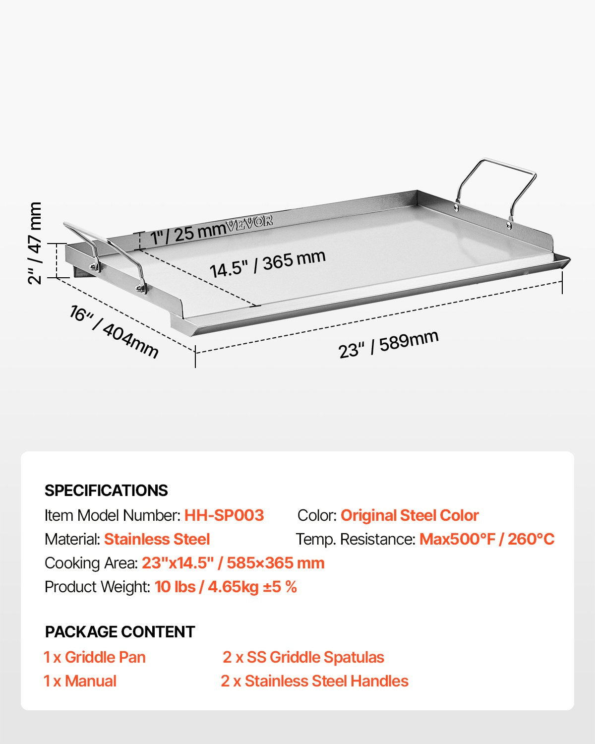 VEVOR Stainless Steel Griddle, 23x16 inch Universal Flat Top Rectangular Plate, Gas Grill Griddle for BBQ Grill, Teppanyaki, Portable Family Cookware with Handle, for Camping Tailgating Party 7