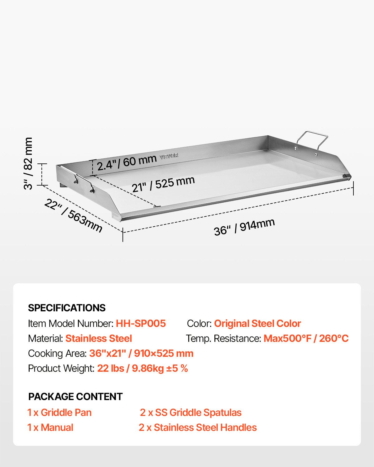 VEVOR 36x22 in Flat Top Griddle Stainless Steel Universal BBQ Grill Pan Cookware 7