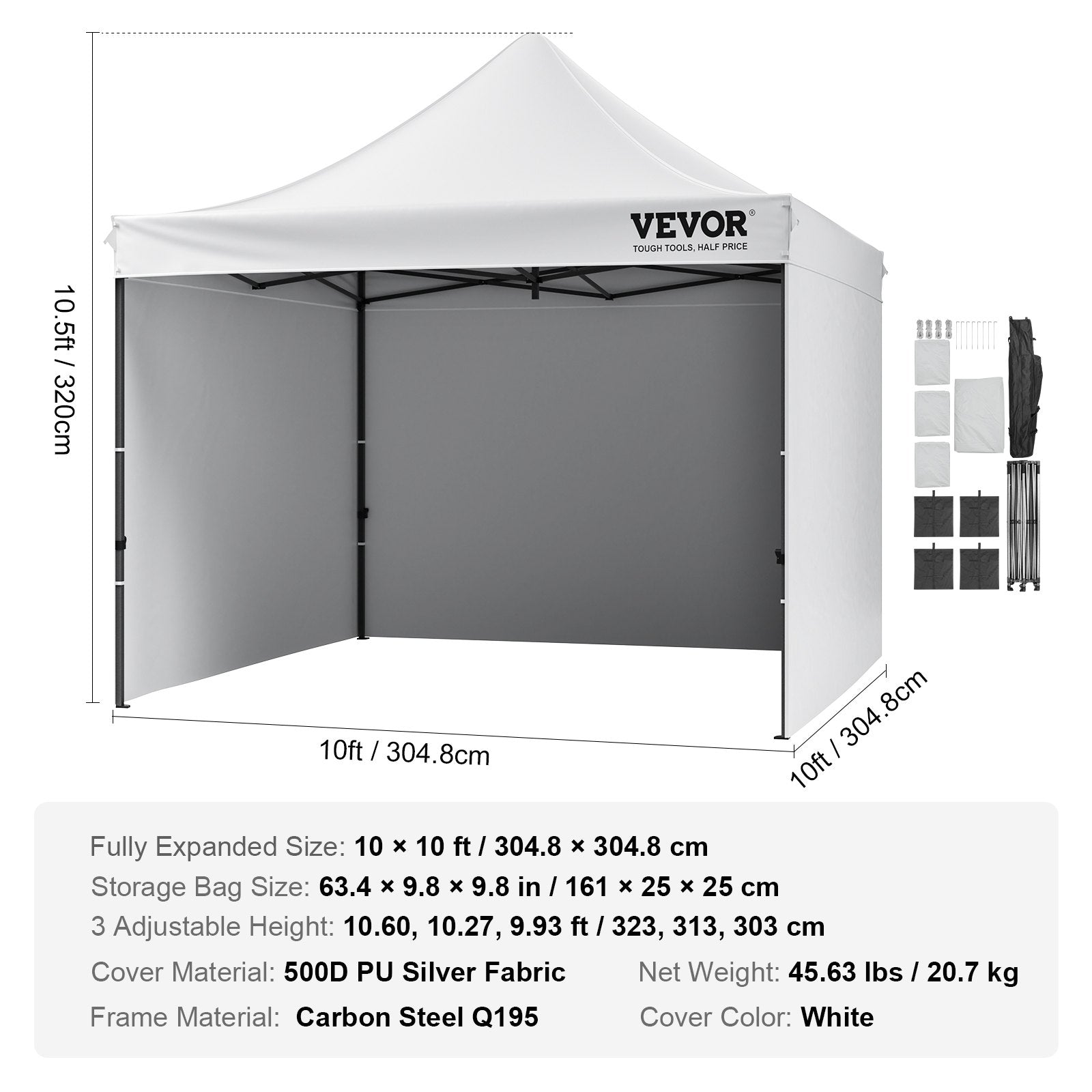 VEVOR Pop Up Canopy Tent Outdoor Gazebo Tent 10x10FT with Sidewalls & Bag White 7