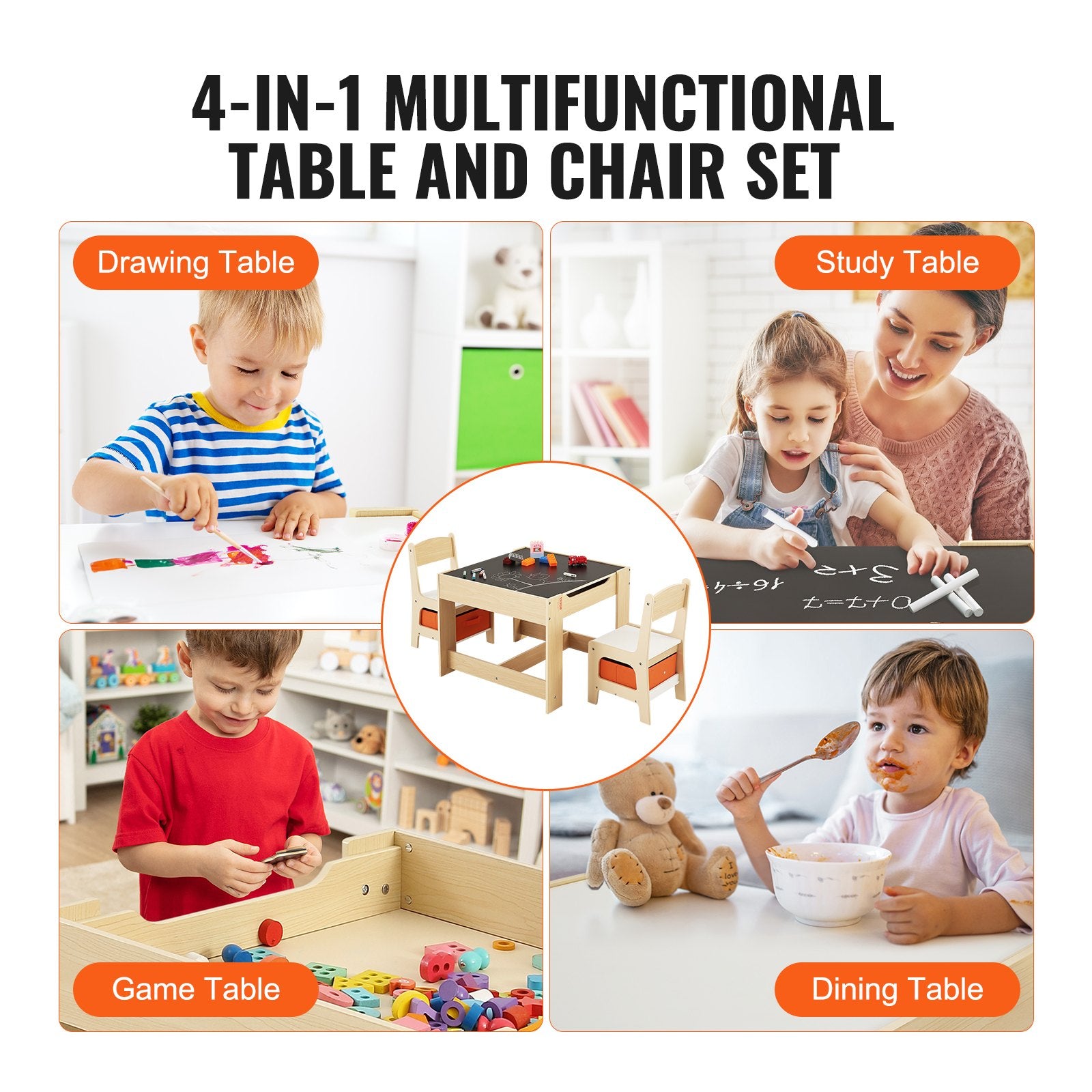 VEVOR Kids Table and Chair Set Wooden Activity Table with Storage Space & Boxes 6