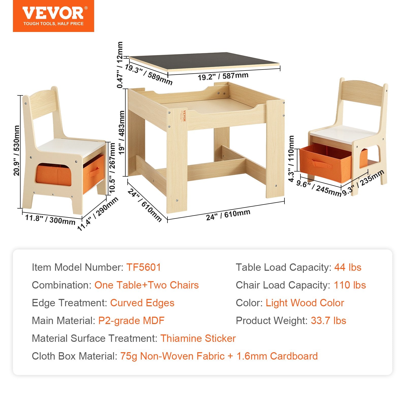 VEVOR Kids Table and Chair Set Wooden Activity Table with Storage Space & Boxes 7