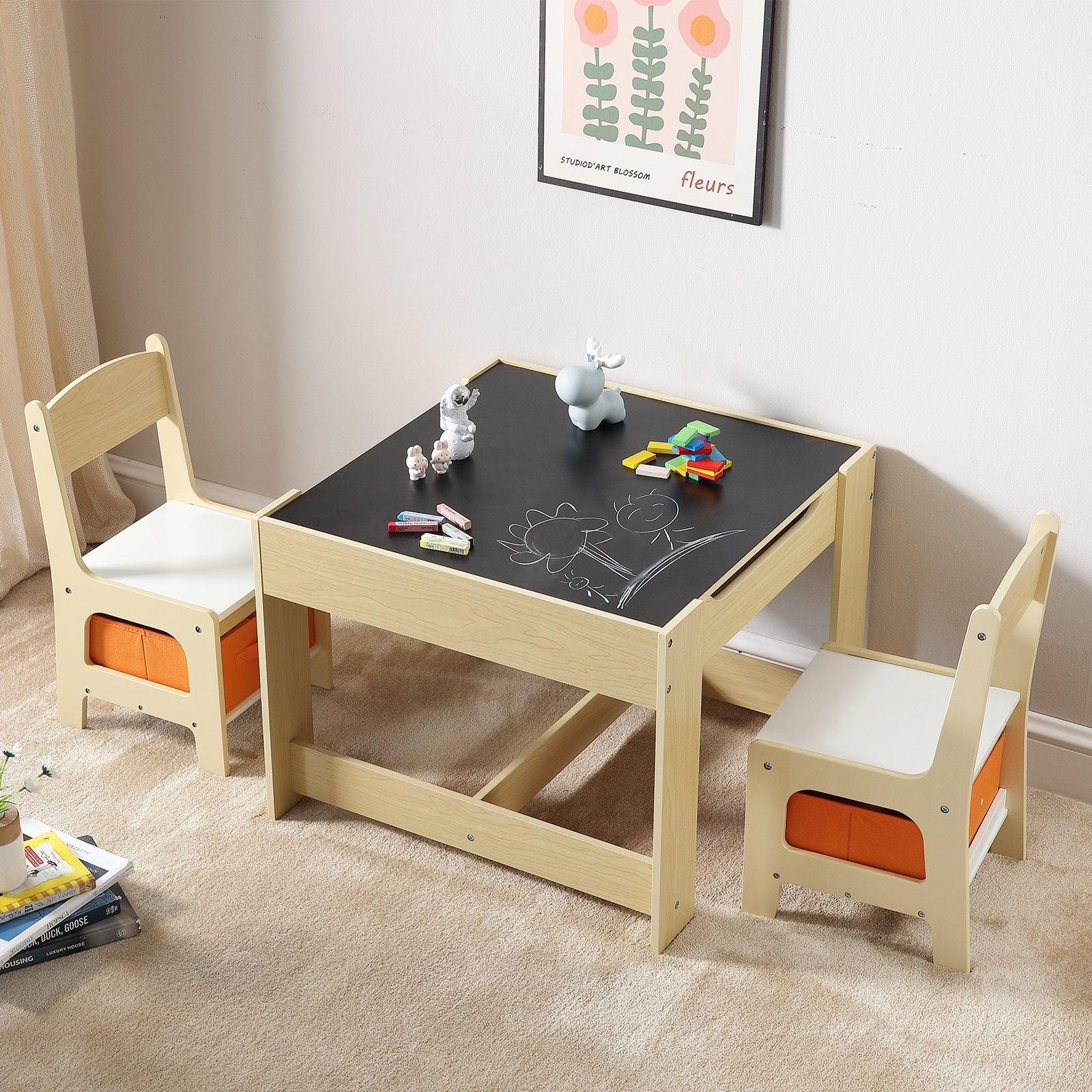 VEVOR Kids Table and Chair Set Wooden Activity Table with Storage Space & Boxes 8