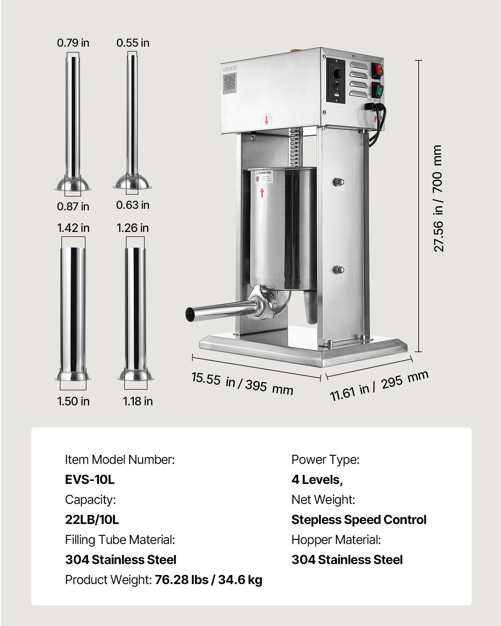 VEVOR Electric Sausage Stuffer, 22 LBS / 10 L Vertical Meat Stuffer, Stepless Speed Control and Foot Pedal, Stainless Steel Heavy Duty Sausage Filler with 4 Stuffing Tubes, for Commercial & Home Use 7