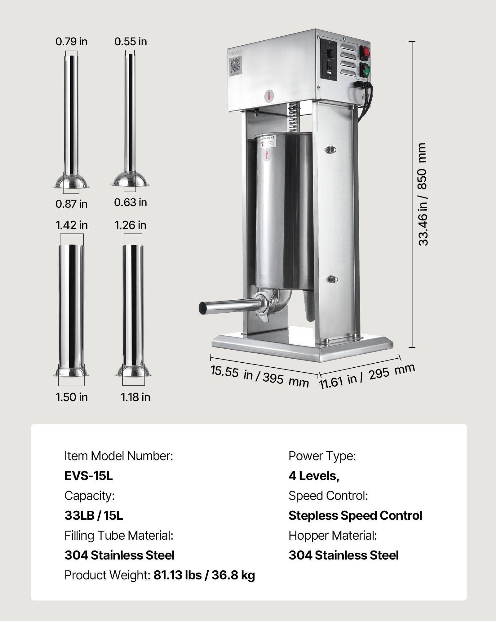 VEVOR Electric Sausage Stuffer, 33 LBS / 15 L Vertical Meat Stuffer, Stepless Speed Control and Foot Pedal, Stainless Steel Heavy Duty Sausage Filler with 4 Stuffing Tubes, for Commercial & Home Use 7