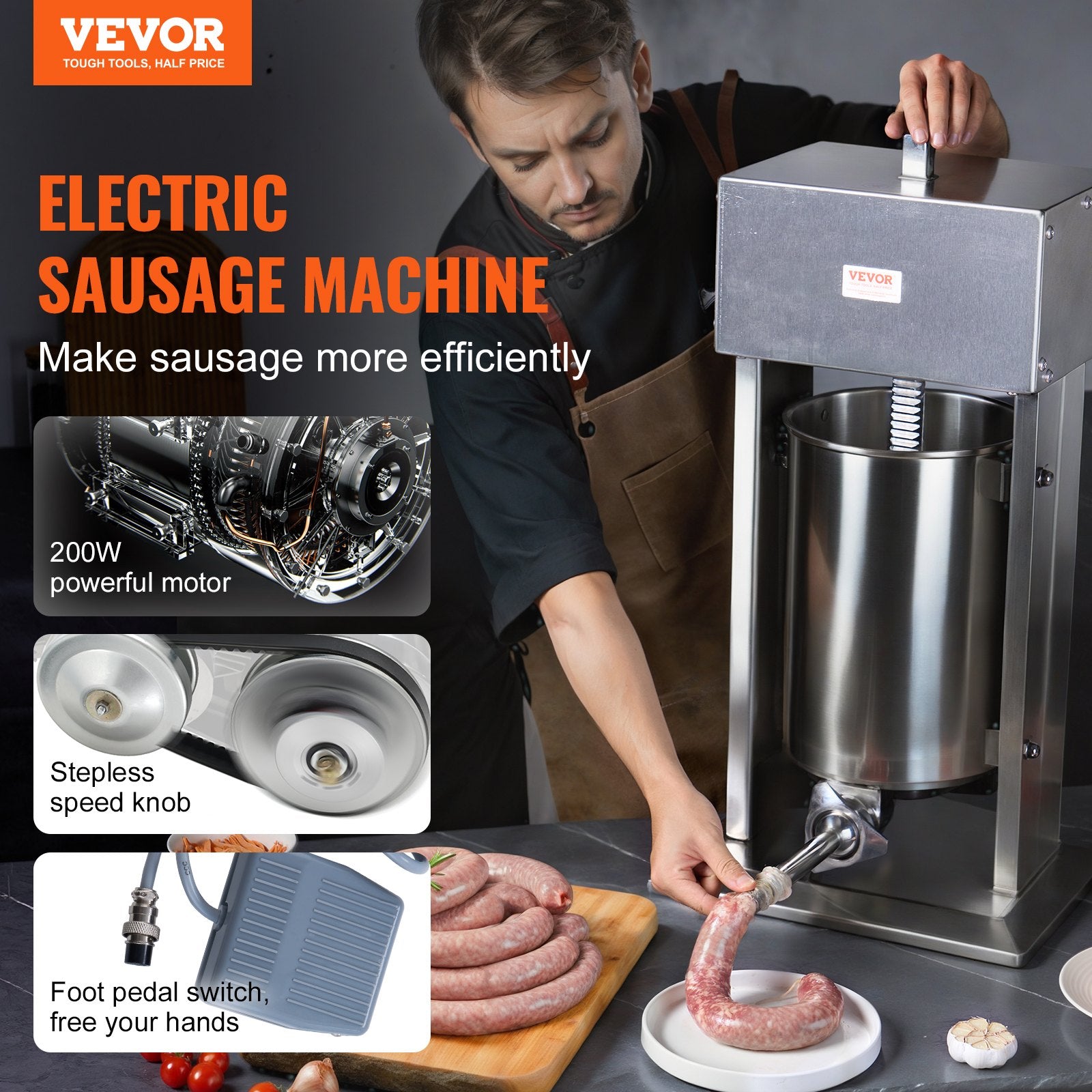 VEVOR Electric Sausage Stuffer, 12 L / 25 LBS Vertical Meat Stuffer, 200W Motor, Stepless Speed Control and Foot Pedal, Made of Food-grade 304 Stainless Steel, 5 Stuffing Tubes for Home, Commercial