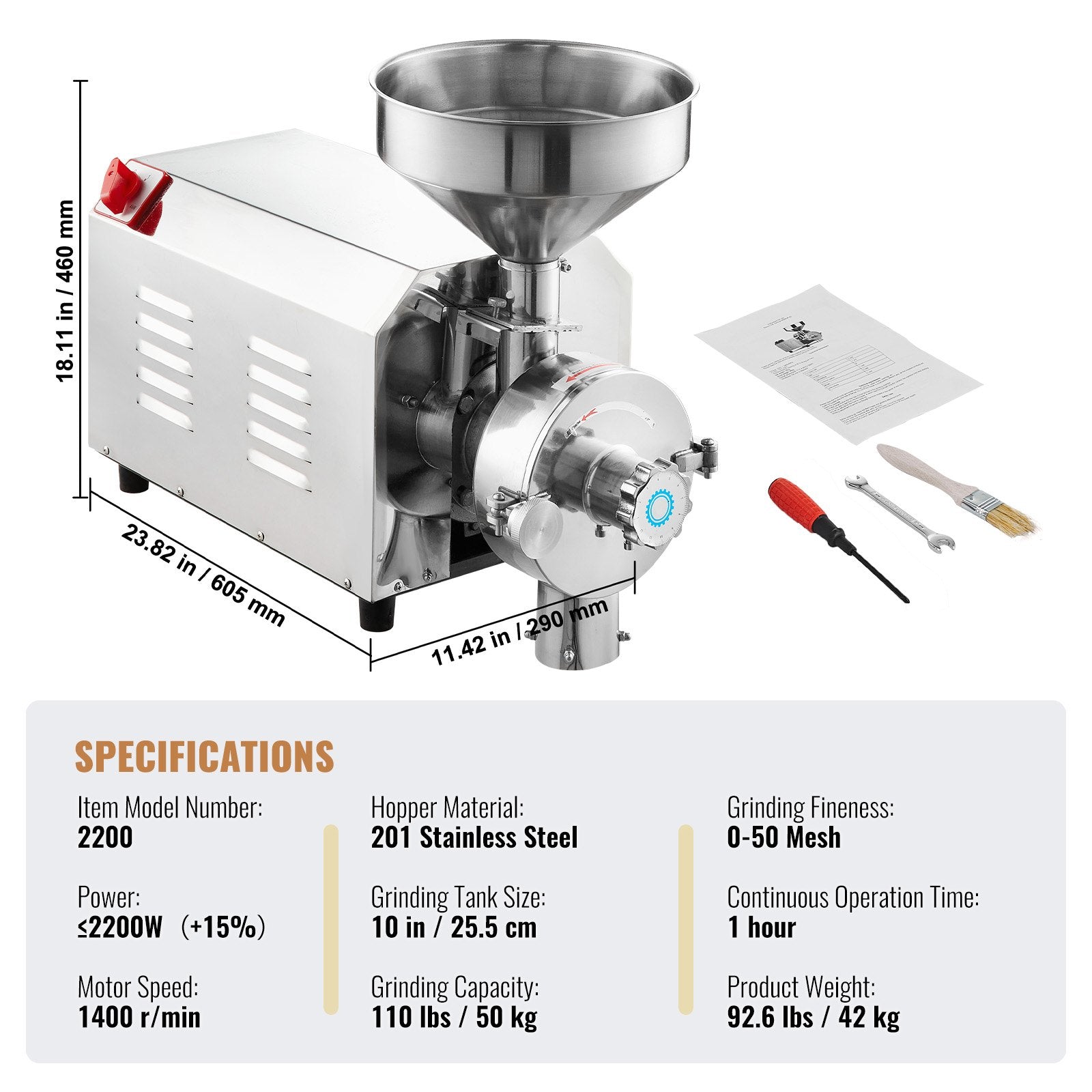 VEVOR Grain Grind Mill Grain Grinding Machine 2200W Food Processing Machinery 7