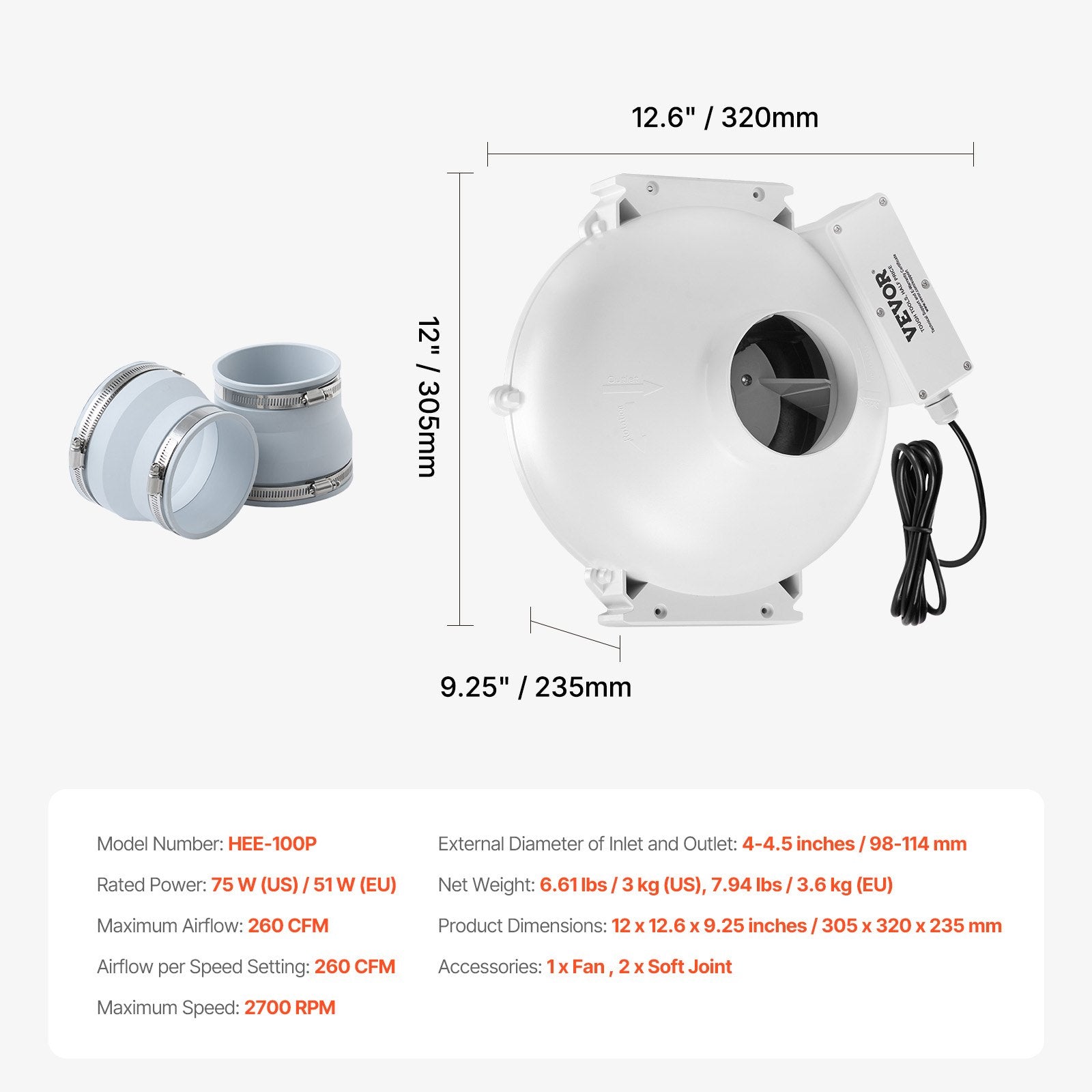 VEVOR 4" to 4.5" Radon Mitigation Fan System Quiet 260CFM Inline Duct Waterproof 7