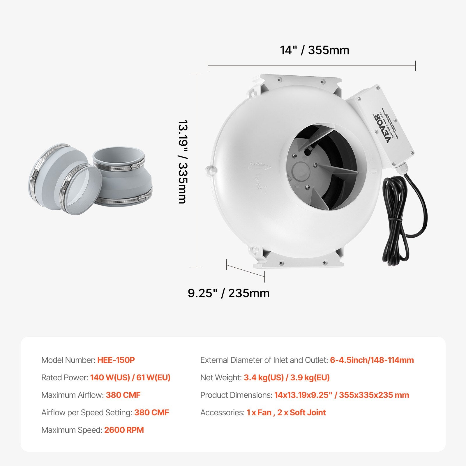 VEVOR 4" to 4.5" Radon Mitigation Fan System Quiet 380CFM Inline Duct Waterproof 7