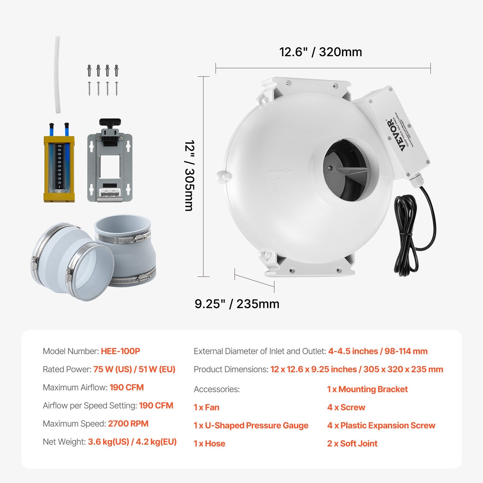 VEVOR 4" to 4.5" Radon Mitigation Fan System Kit Quiet 190 CFM Inline Duct Fan 6