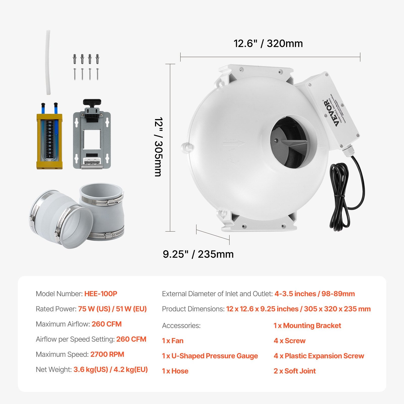 VEVOR 4" to 3.5" Radon Mitigation Fan System Kit Quiet 260 CFM Inline Duct Fan 6