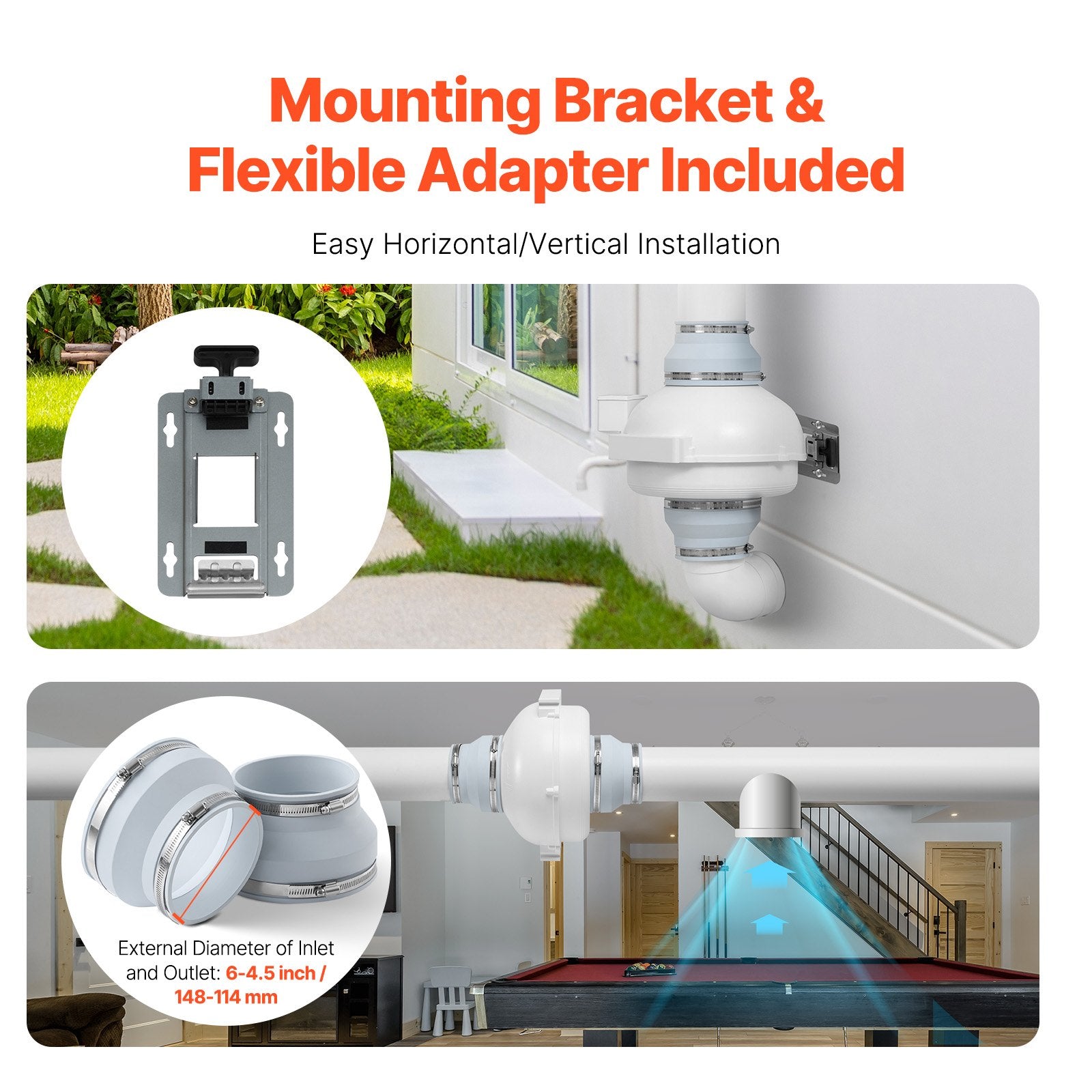 VEVOR 6" to 4.5" Radon Mitigation Fan System Kit Quiet 380 CFM Inline Duct Fan 5