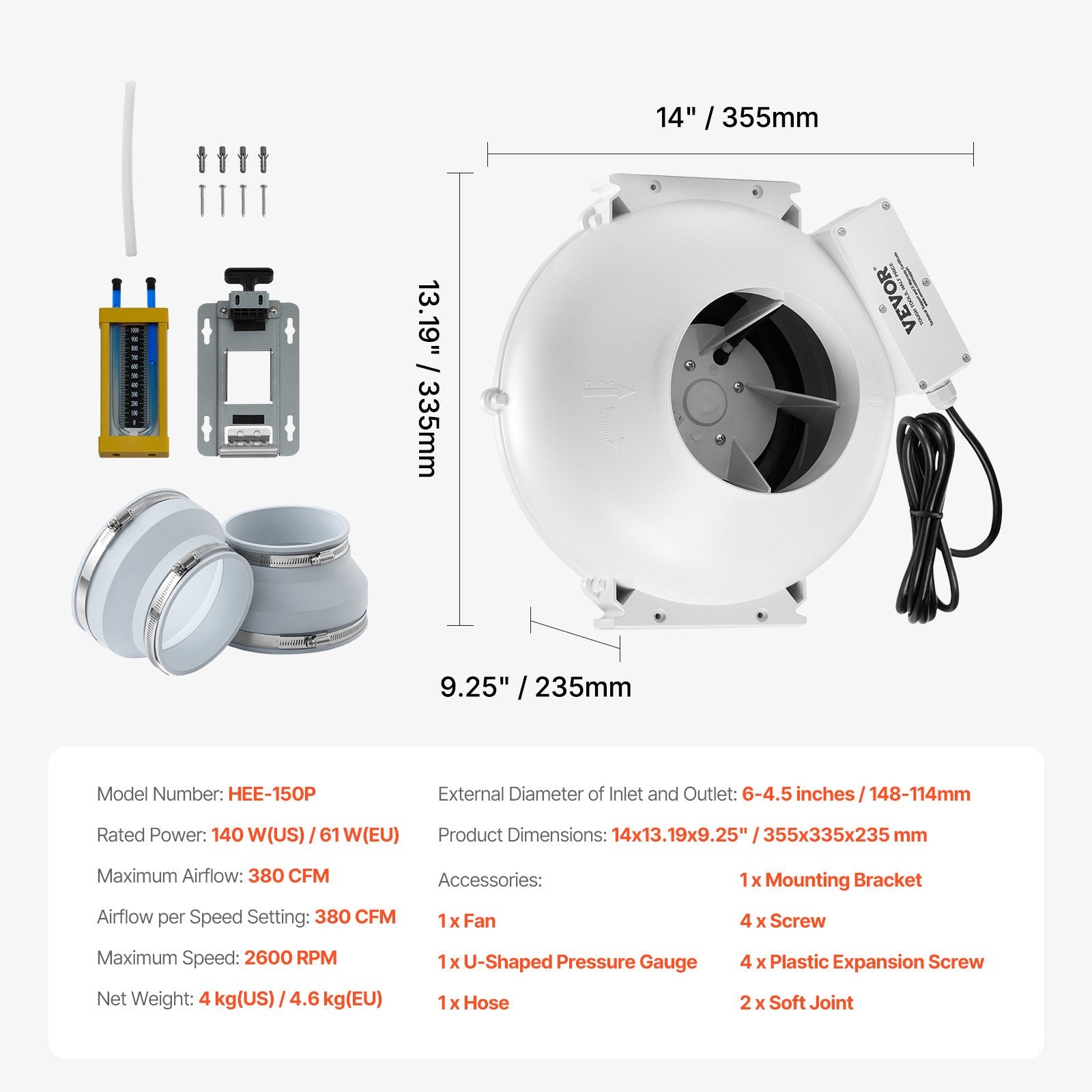 VEVOR 6" to 4.5" Radon Mitigation Fan System Kit Quiet 380 CFM Inline Duct Fan 7